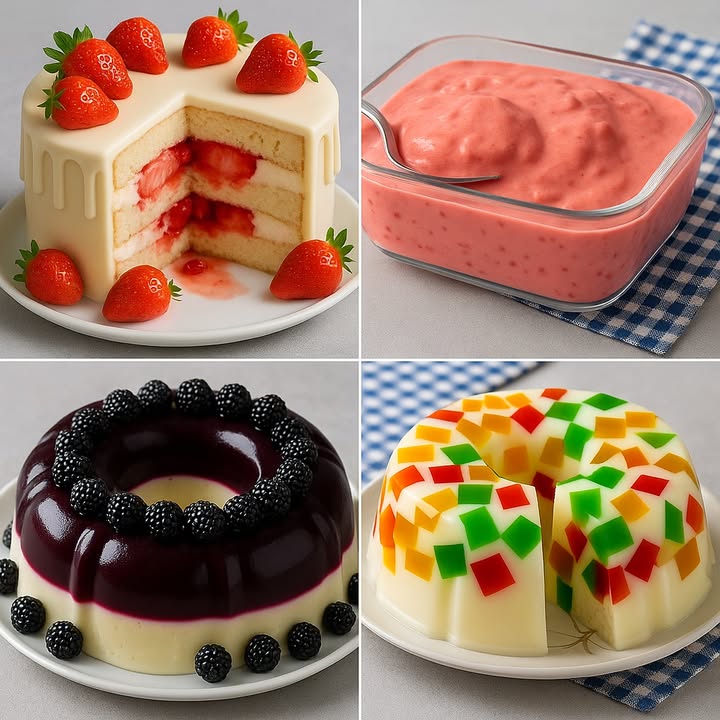 TE ENSEÑO 4 RECETAS DE POSTRES

 Pastel de fresa con cobertura de chocolate blanco

Ingredientes:

Para el bizcocho:

4 huevos
1 taza de azúcar 200 g
1/2 taza de aceite vegetal 120 ml
1 taza de leche 240 ml
2 tazas de harina de trigo 240 g
1 cucharada de polvo de hornear 10 g

Para el relleno:

300 g de fresas picadas
200 ml de crema batida chantilly
1/2 taza de mermelada de fresa

Para la cobertura:

300 g de chocolate blanco
100 ml de crema de leche
Fresas enteras y virutas de chocolate blanco para decorar

Preparación:

1. Bate los huevos con el azúcar hasta que espumen.
2. Agrega el aceite y la leche, luego incorpora la harina y el polvo de hornear.
3. Hornea en un molde redondo a 180 C por 3540 minutos. Deja enfriar y corta en tres capas.
4. Rellena cada capa con crema batida, fresas picadas y un poco de mermelada.
5. Para la cobertura, derrite el chocolate blanco con la crema de leche y vierte sobre el pastel.
6. Decora con fresas enteras y virutas de chocolate blanco.

  Mousse de fresa

Ingredientes:

1 lata de leche condensada 395 g
1 lata de crema de leche 200 ml
1 taza de fresas frescas
1 paquete de gelatina de fresa preparada y fría
Fresas enteras para decorar

Preparación:

1. Licúa las fresas con la leche condensada y la crema de leche hasta obtener una mezcla cremosa.
2. Agrega la gelatina de fresa ya fría y licúa nuevamente.
3. Vierte en un molde de vidrio y refrigera por al menos 4 horas.
4. Decora con fresas enteras antes de servir.

 Gelatina de mora y leche

Ingredientes:

1 paquete de gelatina de mora preparada según las instrucciones
1 lata de leche condensada 395 g
1 sobre de gelatina sin sabor hidratada
2 tazas de leche 480 ml
Moras frescas para decorar

Preparación:

1. Prepara la gelatina de mora y deja enfriar un poco.
2. Mezcla la leche condensada, la leche y la gelatina sin sabor hidratada.
3. En un molde de anillo, vierte primero la mezcla de leche y deja semicuajar en el refrigerador.
4. Agrega la gelatina de mora por encima y refrigera 4 horas.
5. Decora con moras frescas alrededor.

 Gelatina mosaico

Ingredientes:

3 paquetes de gelatina de colores roja, verde y amarilla
1 lata de leche condensada 395 g
2 tazas de leche 480 ml
1 sobre de gelatina sin sabor hidratada

Preparación:

1. Prepara cada gelatina de color por separado, deja cuajar y córtalas en cubos.
2. En un bol, mezcla la leche condensada, la leche y la gelatina sin sabor ya disuelta.
3. Coloca los cubos de gelatina en un molde de anillo y vierte la mezcla de leche.
4. Refrigera al menos 4 horas antes de desmoldar.

#recetas #recetasfaciles #dulces #postres