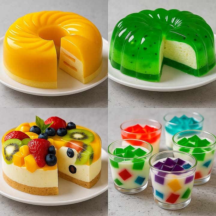 TE ENSEÑO 4 RECETAS DE POSTRES

1 Gelatina de Mango con Bizcocho

Ingredientes:

2 tazas de puré de mango maduro
1 taza de agua
1 lata de leche condensada opcional para más cremosidad
3 sobres de gelatina sin sabor 21 g en total
1/2 taza de agua fría para hidratar la gelatina
Bizcocho de vainilla en capas puede ser comprado o casero

Preparación:

1. Hidratar la gelatina sin sabor en 1/2 taza de agua fría por 5 minutos.
2. Calentar 1 taza de agua y disolver completamente la gelatina hidratada.
3. En una licuadora, mezclar el puré de mango, la leche condensada opcional y la mezcla de gelatina ya disuelta.
4. Verter una primera capa en el molde y refrigerar 10 minutos.
5. Colocar una capa de bizcocho, repetir alternando capas de gelatina y bizcocho.
6. Refrigerar al menos 4 horas antes de desmoldar.

 2 Gelatina de Kiwi con Base de Queso

Ingredientes:

1 taza de jugo de kiwi colado, sin semillas grandes
1/2 taza de agua
3 cucharadas de azúcar
2 sobres de gelatina sin sabor 14 g
1/4 taza de agua fría para hidratar la gelatina
Semillas de kiwi opcional, para decorar
1 base de gelatina de queso receta abajo

Base de Queso:

200 g de queso crema
1 lata de leche condensada
1 lata de leche evaporada
2 sobres de gelatina sin sabor disuelta

Preparación:

1. Hidratar la gelatina sin sabor en agua fría.
2. Calentar el jugo de kiwi con azúcar, disolver la gelatina hidratada.
3. En el molde, verter la mezcla de kiwi con algunas semillas para decorar.
4. Refrigerar 30 minutos.
5. Preparar la base de queso mezclando el queso crema, las leches y la gelatina disuelta.
6. Verter sobre la gelatina de kiwi ya semi cuajada.
7. Refrigerar mínimo 4 horas antes de desmoldar.

3 Gelatina de Frutas Frescas

Ingredientes:

1 paquete de gelatina de durazno o mango
2 tazas de agua caliente
1 taza de agua fría
Frutas frescas: fresas, kiwi, arándanos, mango, uvas

Preparación:

1. Disolver la gelatina en agua caliente, luego agregar el agua fría.
2. Verter una pequeña capa en el molde y refrigerar 10 minutos.
3. Colocar las frutas frescas distribuidas uniformemente.
4. Verter el resto de la gelatina con cuidado.
5. Refrigerar al menos 4 horas hasta que cuaje completamente.

 4 Gelatina Mosaico en Vasos

Ingredientes:

4 sabores de gelatina de colores fresa, uva, limón, arándano
4 tazas de agua caliente una por cada sabor
1 lata de leche condensada
1 lata de leche evaporada
1 taza de leche entera
2 sobres de gelatina sin sabor disueltos en 1/2 taza de agua

Preparación:

1. Preparar cada sabor de gelatina por separado según instrucciones y dejar cuajar.
2. Cortar las gelatinas en cubos pequeños.
3. Mezclar las leches en un bol, agregar la gelatina sin sabor disuelta.
4. Distribuir los cubos de colores en vasos.
5. Verter la mezcla de leches sobre los cubos de gelatina.
6. Refrigerar 2-3 horas antes de servir.

#postres  #recetas #usafood #USARecipes #dessert #recipes