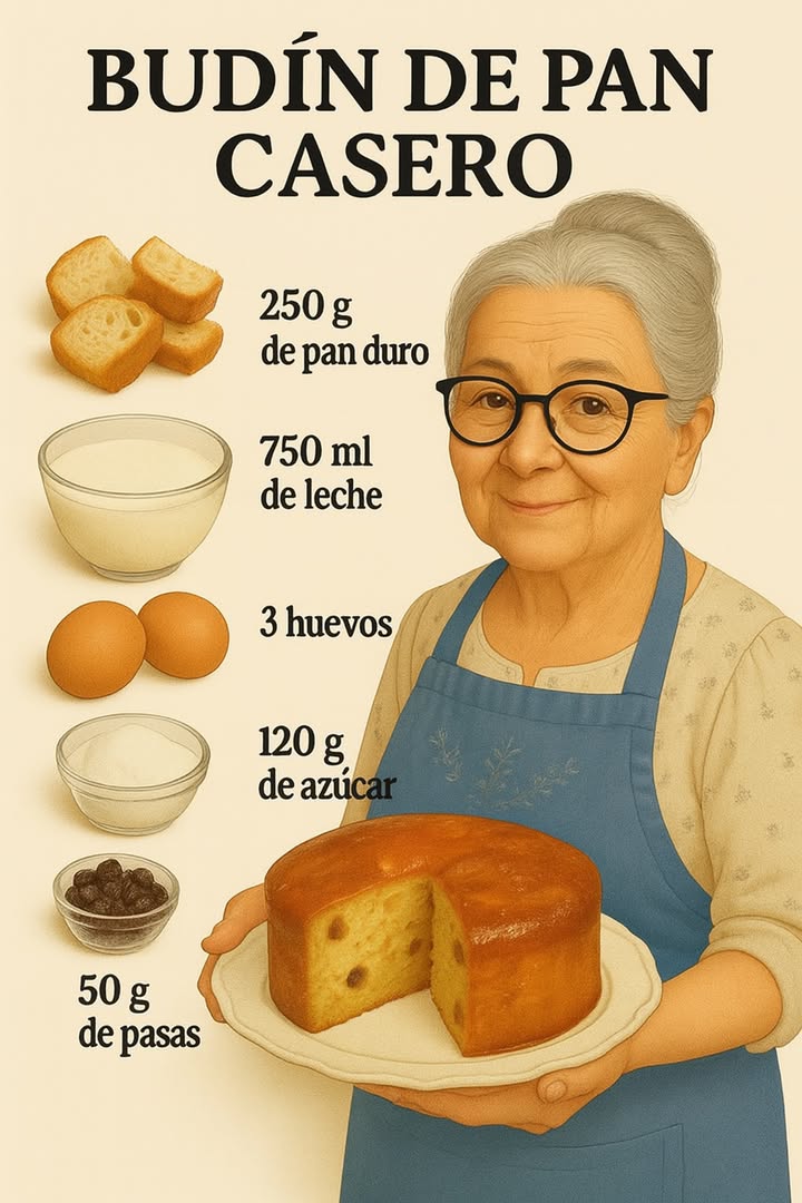 Budín de Pan Casero 

Ingredientes:

250 g de pan duro
750 ml de leche
3 huevos
120 g de azúcar
50 g de pasas

Preparación:
1 Corta el pan duro en trozos pequeños y colócalo en un bol grande.
2 Calienta la leche hasta que esté tibia y viértela sobre el pan. Deja reposar unos 15 minutos para que el pan se ablande.
3 Añade el azúcar, los huevos y las pasas. Mezcla bien hasta obtener una masa homogénea.
4 Vierte la mezcla en un molde previamente engrasado y enharinado.
5 Hornea a 180 C durante 50-60 minutos o hasta que al insertar un palillo salga limpio.
6 Deja enfriar antes de desmoldar y disfruta de este clásico postre casero!

 Tip: Puedes agregar esencia de vainilla o ralladura de limón para darle un toque extra de sabor.

#bizcochos #LICUADORA #pastel #queques #tortas #recetascaseras