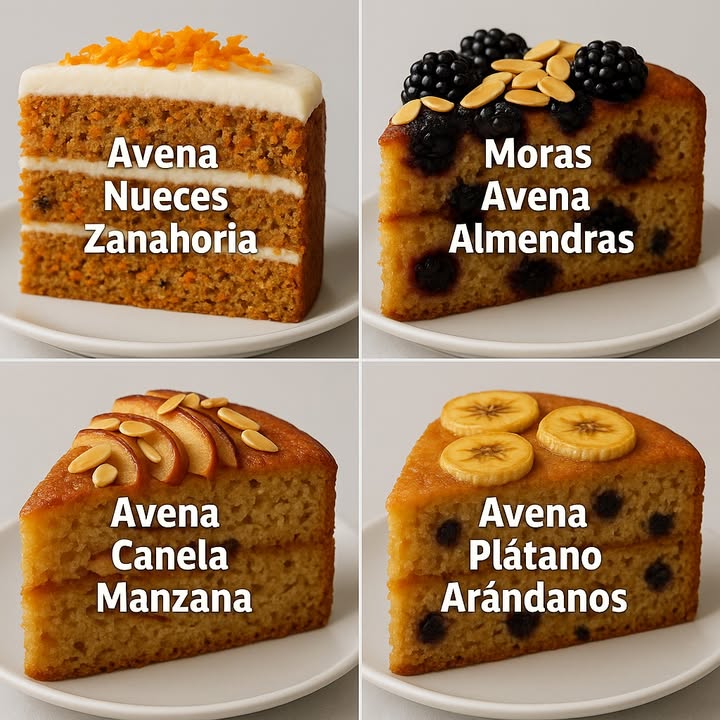 Te dejo 4 recetas ricas

凌 Pastel de Avena, Zanahoria y Nueces

 Ingredientes

2 huevos
1 taza de zanahoria rallada finamente
1 taza de avena molida harina de avena
1/2 taza de nueces picadas
1/2 taza de aceite vegetal o de coco
1/2 taza de azúcar morena o miel
1/2 taza de leche
1 cdta de polvo para hornear
1 cdta de canela
1 cdta de esencia de vainilla
Pizca de sal

Cobertura opcional

Yogur griego o queso crema batido
Miel o endulzante natural
Zanahoria rallada para decorar

 Preparación

1. Mezcla huevos, aceite, azúcar y vainilla.
2. Agrega zanahoria rallada y mezcla.
3. Incorpora avena, polvo para hornear, canela y sal.
4. Añade leche poco a poco hasta lograr una mezcla cremosa.
5. Agrega nueces picadas.
6. Vierte en molde engrasado y hornea 3035 min a 180C.
7. Enfría, cubre con crema de yogur y decora con zanahoria.

𢡄 Pastel de Avena, Moras y Almendras

 Ingredientes

2 huevos
1 taza de avena molida
1/2 taza de leche
1/2 taza de aceite
1/2 taza de azúcar morena o miel
1 taza de moras frescas
1/3 taza de almendras fileteadas
1 cdta de polvo para hornear
1 cdta de vainilla
Pizca de sal

 Preparación

1. Bate huevos, azúcar, aceite y vainilla.
2. Agrega avena, polvo para hornear y sal.
3. Añade la leche hasta lograr una mezcla suave.
4. Incorpora la mitad de las moras suavemente.
5. Vierte la mezcla en un molde.
6. Coloca moras encima y espolvorea almendras.
7. Hornea 3035 min a 180C.

 Pastel de Avena, Manzana y Canela

 Ingredientes

2 huevos
1 taza de avena molida
1 manzana grande en cubitos  rodajas para decorar
1/2 taza de leche
1/2 taza de azúcar morena o miel
1/2 taza de aceite
1 cdta de canela en polvo
1 cdta de polvo para hornear
Almendras fileteadas para decorar
Pizca de sal

 Preparación

1. Mezcla huevos, aceite, azúcar y canela.
2. Agrega avena, polvo de hornear y sal.
3. Incorpora leche hasta lograr textura cremosa.
4. Añade la manzana en cubitos.
5. Vierte la mezcla en el molde.
6. Coloca rodajas de manzana y almendras encima.
7. Hornea 3035 min a 180C.

𢡄 Pastel de Avena, Plátano y Arándanos

 Ingredientes

2 huevos
1 taza de avena molida
1 plátano maduro triturado
1/2 taza de leche
1/2 taza de miel o azúcar morena
1/2 taza de aceite
1/2 taza de arándanos frescos o congelados
1 cdta de vainilla
1 cdta de polvo de hornear
Rodajas de plátano para decorar
Pizca de sal

 Preparación

1. Tritura el plátano y mezcla con huevos, aceite, miel y vainilla.
2. Agrega avena, polvo para hornear y sal.
3. Incorpora leche hasta obtener consistencia suave.
4. Añade los arándanos a la mezcla.
5. Vierte en el molde y coloca rodajas de plátano encima.
6. Hornea 3035 min a 180C.

 Consejo Final

 Deja enfriar antes de cortar para que queden firmes y jugosos
 Ideales para desayuno, snack o lunch saludable 

#fblifestyle #desayuno #recetassaludables
