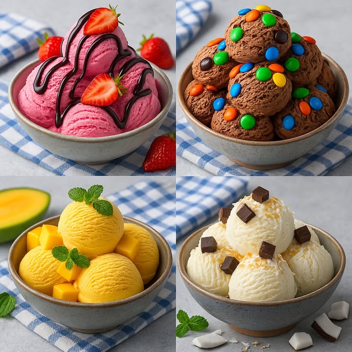 TE ENSEÑO 4 RECETAS DE HELADOS

 Helado de Fresa con Chocolate

Ingredientes:

2 tazas de fresas frescas lavadas y sin tallo
1 taza de azúcar
2 tazas de crema para batir fría
1 taza de leche entera
1 cucharadita de esencia de vainilla
Salsa de chocolate para decorar
Fresas frescas cortadas por la mitad para decorar

Preparación:

1. Licúa las fresas con el azúcar hasta obtener un puré suave.
2. En un bol, mezcla la crema para batir, la leche y la vainilla.
3. Añade el puré de fresa y mezcla bien.
4. Lleva la mezcla a la heladera hasta que esté firme, o congela en un recipiente removiendo cada 30 minutos.
5. Sirve en bolas, decora con salsa de chocolate y fresas frescas.

  Helado de Chocolate con Confites

Ingredientes:

2 tazas de crema para batir fría
1 taza de leche entera
 taza de cacao en polvo sin azúcar
1 taza de azúcar
100 g de chocolate negro derretido
1 cucharadita de esencia de vainilla
Confites de chocolate de colores tipo M&Ms

Preparación:

1. Mezcla el cacao en polvo con el azúcar y la leche hasta que se disuelva.
2. Añade la crema para batir y el chocolate derretido, mezclando hasta integrar.
3. Incorpora la vainilla y lleva a la heladera.
4. Congela en un recipiente hermético, removiendo para evitar cristales.
5. Forma bolas y decora con confites de colores antes de servir.

 省 Helado de Mango

Ingredientes:

2 mangos maduros pulpa en cubos
1 taza de leche condensada
1 taza de crema para batir fría
1 taza de yogurt natural
Cubitos de mango fresco para decorar
Hojas de menta para decorar

Preparación:

1. Licúa la pulpa de mango con la leche condensada y el yogurt hasta obtener una crema suave.
2. Bate la crema para batir fría hasta que esté semimontada.
3. Incorpora suavemente la crema batida a la mezcla de mango.
4. Vierte en un recipiente y congela hasta que tome consistencia.
5. Sirve en bolas, decora con cubitos de mango y hojas de menta.

便 Helado de Coco con Chocolate

Ingredientes:

2 tazas de leche de coco
1 taza de crema para batir fría
 taza de leche condensada
 taza de coco rallado tostado
1 cucharadita de esencia de vainilla
Cubitos de chocolate negro para decorar
Coco rallado extra para decorar

Preparación:

1. Mezcla la leche de coco, la crema, la leche condensada y la vainilla.
2. Agrega el coco rallado tostado y mezcla bien.
3. Lleva la preparación a la heladera hasta que esté firme.
4. Congela en un recipiente hermético y deja reposar por 4 horas mínimo.
5. Sirve en bolas y decora con cubitos de chocolate y coco rallado.

#helados #postres  #icecream #recetas