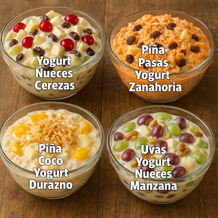 Te enseño 4 recetas de ensalada

綾 1. Yogurt, Nueces, Cerezas y Manzana

Ingredientes:

2 manzanas verde y roja, picadas en cubitos
1 taza de yogurt natural o de vainilla
1/2 taza de nueces picadas
1/2 taza de pasas
1/2 taza de cerezas rojas en almíbar escurridas
2 cucharadas de miel opcional

Preparación:

1. Mezcla el yogurt con la miel si decides usarla.
2. Agrega las manzanas picadas y mezcla suavemente.
3. Incorpora las nueces, las pasas y las cerezas.
4. Mezcla todo hasta integrar y refrigera 2030 minutos para que tome más sabor.
5. Sirve fría.

凌 2. Piña, Pasas, Yogurt y Zanahoria

Ingredientes:

2 zanahorias grandes ralladas
1 taza de yogurt natural
1 taza de piña en cubos puede ser en almíbar, escurrida
1/2 taza de pasas
2 cucharadas de azúcar o miel opcional

Preparación:

1. Coloca el yogurt en un tazón y mezcla con el azúcar o miel.
2. Agrega la zanahoria rallada y mezcla bien.
3. Incorpora la piña y las pasas.
4. Mezcla hasta integrar y deja reposar en el refrigerador 1520 minutos.
5. Sirve fresca.

便 3. Piña, Coco, Yogurt y Durazno

Ingredientes:

1 taza de yogurt natural o de vainilla
1 taza de piña en cubos
1 taza de duraznos en cubos pueden ser en almíbar, escurridos
1/3 taza de coco rallado tostado o natural
2 cucharadas de leche condensada opcional

Preparación:

1. Mezcla el yogurt con la leche condensada para endulzar.
2. Agrega la piña y los duraznos y mezcla suavemente.
3. Incorpora el coco rallado, reservando un poco para decorar.
4. Refrigera durante 20 minutos.
5. Sirve y espolvorea más coco tostado por encima.

 4. Uvas, Yogurt, Nueces y Manzana

Ingredientes:

1 taza de uvas moradas, partidas por la mitad
1 taza de uvas verdes, partidas por la mitad
1 manzana picada en cubos
1 taza de yogurt natural o de vainilla
1/2 taza de nueces picadas
1 cucharadita de vainilla opcional
1 cucharada de miel opcional

Preparación:

1. Mezcla el yogurt con la vainilla y la miel si deseas endulzar.
2. Agrega las uvas y la manzana picada.
3. Incorpora las nueces y mezcla suavemente.
4. Refrigera 20 minutos antes de servir.
5. Sirve fría y disfruta.

#recetasnavidenas #fblifestyle