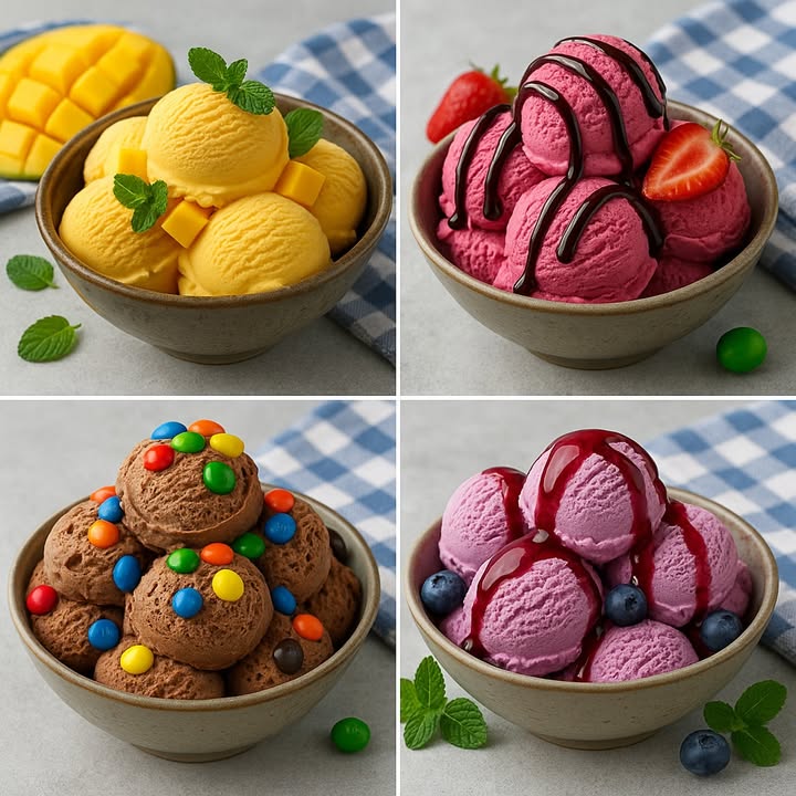 TE ENSEÑO 4 RECETAS DE HELADOS

1. Helado de Mango

Ingredientes:

2 mangos maduros en cubos
400 ml de crema de leche nata para montar
200 ml de leche condensada
Jugo de 1 limón
Hojas de menta para decorar

Preparación:

1. Pela los mangos, córtalos en cubos y licúalos hasta obtener un puré suave.
2. En un bol grande, bate la crema de leche hasta que esté espesa y con picos suaves.
3. Añade la leche condensada y el puré de mango, mezclando de forma envolvente.
4. Agrega el jugo de limón y mezcla nuevamente.
5. Vierte en un recipiente hermético y congela por al menos 6 horas.
6. Sirve formando bolas, decora con cubos de mango y hojas de menta.

2. Helado de Fresa con Chocolate

Ingredientes:

300 g de fresas frescas más algunas para decorar
400 ml de crema de leche nata para montar
200 ml de leche condensada
50 g de azúcar
80 g de chocolate derretido para decorar

Preparación:

1. Lava y corta las fresas en trozos. Tritúralas junto con el azúcar hasta obtener un puré.
2. Bate la crema de leche hasta que esté firme.
3. Incorpora la leche condensada y luego el puré de fresas, mezclando con movimientos envolventes.
4. Coloca la mezcla en un recipiente y congela por mínimo 6 horas.
5. Forma bolas de helado, decora con chocolate derretido y fresas frescas.

3. Helado de Chocolate con Caramelos de Colores

Ingredientes:

200 g de chocolate negro o con leche fundido y enfriado
400 ml de crema de leche nata para montar
200 ml de leche condensada
3 cucharadas de cacao en polvo sin azúcar
Caramelos de chocolate tipo M&M para decorar

Preparación:

1. En un bol, bate la crema de leche hasta que esté espesa.
2. Añade la leche condensada y mezcla suavemente.
3. Incorpora el cacao en polvo y el chocolate fundido, mezclando bien.
4. Vierte en un recipiente y congela por al menos 6 horas.
5. Sirve en bolas y decora con caramelos de colores.

4. Helado de Arándanos con Salsa de Frutos Rojos

Ingredientes:

300 g de arándanos frescos o congelados
400 ml de crema de leche nata para montar
200 ml de leche condensada
50 g de azúcar
100 ml de salsa de frutos rojos

Preparación:

1. Tritura los arándanos junto con el azúcar hasta obtener un puré.
2. Bate la crema de leche hasta que esté firme.
3. Añade la leche condensada y el puré de arándanos, mezclando de forma envolvente.
4. Pasa la mezcla a un recipiente hermético y congela por al menos 6 horas.
5. Sirve formando bolas y añade por encima la salsa de frutos rojos y algunos arándanos frescos.

#helados #postres  #heladoscaseros  #recetas