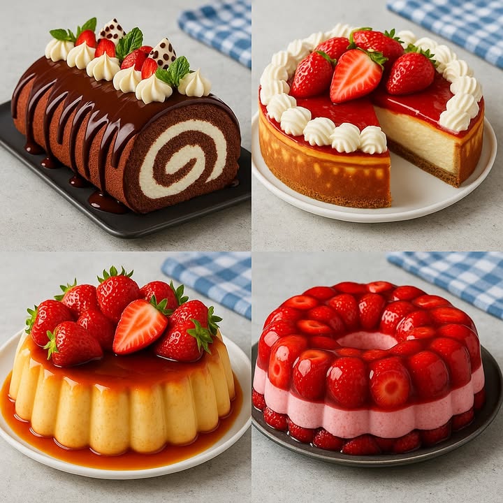 TE ENSEÑO 4 RECETAS DE POSTRES

1. Brazo de Gitano de Chocolate con Crema y Fresas

Ingredientes:

4 huevos
120 g de azúcar
100 g de harina de trigo
20 g de cacao en polvo sin azúcar
1 cdta de esencia de vainilla
1 pizca de sal
200 ml de nata para montar crema para batir
2 cdas de azúcar glas
150 g de chocolate negro
100 ml de nata para calentar para la cobertura
Fresas frescas al gusto
Hojas de menta para decorar
Chocolate blanco decorativo opcional

Preparación:

1. Precalienta el horno a 180 C y forra una bandeja rectangular con papel de horno.
2. Bate los huevos con el azúcar hasta que la mezcla esté espumosa y haya duplicado su tamaño.
3. Añade la vainilla y mezcla suavemente.
4. Tamiza la harina, el cacao y la sal, incorporándolos con movimientos envolventes.
5. Vierte la mezcla en la bandeja, extiende de forma uniforme y hornea por 10-12 minutos.
6. Desmolda sobre un paño limpio, enrolla mientras aún esté caliente y deja enfriar.
7. Monta la nata fría con el azúcar glas hasta que esté firme.
8. Desenrolla el bizcocho, unta la crema batida y vuelve a enrollar.
9. Para la cobertura, calienta la nata líquida, añade el chocolate negro troceado y mezcla hasta que se funda.
10. Cubre el brazo con la ganache, decora con fresas, hojas de menta y chocolate blanco decorativo.

2. Tarta de Queso con Fresas

Ingredientes:

200 g de galletas tipo María
100 g de mantequilla derretida
600 g de queso crema
200 g de azúcar
200 ml de nata para montar
3 huevos
1 cdta de esencia de vainilla
200 g de mermelada de fresa
Fresas frescas para decorar
Nata montada para la decoración lateral

Preparación:

1. Tritura las galletas y mézclalas con la mantequilla derretida.
2. Presiona la mezcla en el fondo de un molde desmontable y refrigera.
3. Bate el queso crema con el azúcar hasta obtener una mezcla suave.
4. Añade los huevos uno a uno, la vainilla y luego la nata.
5. Vierte la mezcla sobre la base de galleta y hornea a 170 C durante 50-60 minutos.
6. Deja enfriar completamente y refrigera por al menos 4 horas.
7. Cubre con mermelada de fresa, coloca fresas frescas y decora con nata montada.

3. Flan de Caramelo con Fresas

Ingredientes:

500 ml de leche
1 lata 395 g de leche condensada
4 huevos
1 cdta de esencia de vainilla
150 g de azúcar para el caramelo
Fresas frescas para decorar

Preparación:

1. En una sartén, derrite el azúcar a fuego medio hasta formar un caramelo dorado.
2. Vierte el caramelo en un molde acanalado y distribúyelo por el fondo.
3. En un bol, mezcla la leche, la leche condensada, los huevos y la vainilla hasta integrar bien.
4. Vierte la mezcla en el molde acaramelado.
5. Cocina al baño María en el horno precalentado a 180 C durante 50-60 minutos.
6. Deja enfriar, refrigera por al menos 4 horas y desmolda.
7. Decora con fresas frescas alrededor.

4. Gelatina de Fresas en Capas

Ingredientes:

500 g de fresas frescas
2 sobres de gelatina de fresa para 1 litro en total
1 sobre de gelatina sin sabor 7 g
200 ml de nata para montar
200 ml de leche
100 g de azúcar

Preparación:

1. Lava y corta las fresas por la mitad.
2. Prepara un sobre de gelatina de fresa según las instrucciones del paquete.
3. Coloca una capa de fresas en el fondo del molde y vierte la gelatina preparada, refrigera hasta que cuaje.
4. Hidrata la gelatina sin sabor y disuélvela en la leche caliente.
5. Añade la nata y el azúcar, mezcla bien y deja templar.
6. Vierte sobre la primera capa ya cuajada y refrigera nuevamente.
7. Prepara el segundo sobre de gelatina de fresa, añade más fresas y vierte como capa final.
8. Refrigera al menos 4 horas antes de desmoldar.

#Recetas #postres #dessert #usafood #recipe