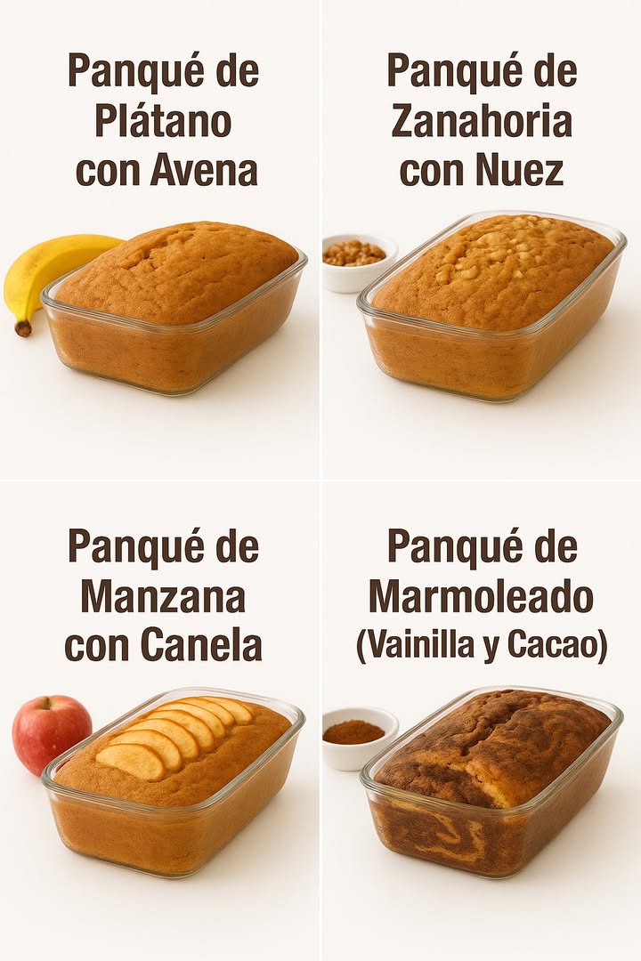 4 recetas de Panqué

 Panqué de Plátano con Avena

Ingredientes:

3 plátanos maduros
2 huevos
1 taza de azúcar morena
1/2 taza de aceite vegetal
1 1/2 tazas de harina de trigo
1 taza de avena en hojuelas
1 cucharadita de polvo para hornear
1/2 cucharadita de bicarbonato de sodio
1 cucharadita de canela en polvo
1 pizca de sal

Preparación:

1. Precalienta el horno a 180 C. Engrasa y enharina un molde rectangular.
2. Machaca los plátanos en un tazón grande hasta obtener un puré.
3. Agrega los huevos, el azúcar y el aceite; mezcla bien.
4. Incorpora la harina, la avena, el polvo de hornear, el bicarbonato, la canela y la sal.
5. Vierte la mezcla en el molde y hornea por 4045 minutos o hasta que al insertar un palillo salga limpio.
6. Deja enfriar antes de desmoldar y servir.

 凌 Panqué de Zanahoria con Nuez

Ingredientes:

2 tazas de zanahoria rallada fina
3 huevos
1 taza de azúcar
1/2 taza de aceite vegetal
1 1/2 tazas de harina de trigo
1 cucharadita de polvo para hornear
1/2 cucharadita de bicarbonato de sodio
1 cucharadita de canela en polvo
1 pizca de sal
1/2 taza de nueces picadas

### Preparación:

1. Precalienta el horno a 180 C y prepara un molde engrasado con harina.
2. Bate los huevos con el azúcar hasta obtener una mezcla esponjosa.
3. Añade el aceite y la zanahoria rallada. Mezcla bien.
4. Incorpora la harina, el polvo de hornear, el bicarbonato, la canela y la sal.
5. Agrega las nueces picadas e integra suavemente.
6. Vierte en el molde y hornea 4045 minutos hasta que esté dorado y firme.

 Panqué de Manzana con Canela

Ingredientes:

2 manzanas 1 para la mezcla y 1 en rebanadas para decorar
3 huevos
1 taza de azúcar
1/2 taza de aceite vegetal
1 1/2 tazas de harina de trigo
1 cucharadita de polvo para hornear
1/2 cucharadita de canela en polvo
1 pizca de sal

Preparación:

1. Precalienta el horno a 180 C. Engrasa y enharina un molde rectangular.
2. Pela y ralla una manzana, resérvala.
3. Bate los huevos con el azúcar hasta esponjar, agrega el aceite.
4. Añade la harina, el polvo de hornear, la canela y la sal. Mezcla hasta integrar.
5. Incorpora la manzana rallada.
6. Vierte la mezcla en el molde y acomoda encima las rebanadas de la otra manzana.
7. Hornea de 3540 minutos, revisa con un palillo antes de sacar.

 Panqué Marmoleado Vainilla y Cacao

 Ingredientes:

3 huevos
1 taza de azúcar
1/2 taza de aceite vegetal
1/2 taza de leche
1 1/2 tazas de harina de trigo
1 cucharadita de polvo para hornear
1 pizca de sal
1 cucharadita de esencia de vainilla
2 cucharadas de cacao en polvo sin azúcar

Preparación:

1. Precalienta el horno a 180 C y engrasa un molde rectangular.
2. Bate los huevos con el azúcar hasta que espesen y agrega el aceite y la leche.
3. Incorpora la harina, el polvo de hornear y la sal. Mezcla bien.
4. Divide la masa en dos partes: a una agrégale la vainilla y a la otra el cacao.
5. Vierte porciones alternadas de ambas mezclas en el molde para crear el efecto marmoleado.
6. Con un palillo, haz movimientos en espiral suaves para mezclar un poco.
7. Hornea 4045 minutos, deja enfriar y desmolda.

#postres #panqué #pastel #recetas