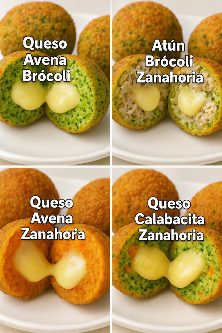凌 Ideas Nutritivas de Albóndigas Caseras 復

 Albóndigas de Brócoli y Queso
Ingredientes:

1 taza de brócoli cocido y triturado
1 huevo
4 cucharadas de avena molida o pan rallado
 taza de queso rallado
Cubitos de queso para el relleno
Sal, pimienta y ajo en polvo al gusto
Panko integral
1 cucharadita de aceite o spray

Preparación:

1. Mezcla el brócoli con el huevo, la avena, el queso y los condimentos.
2. Forma bolitas y coloca un cubito de queso en el centro.
3. Cubre con panko y colócalas en una sartén antiadherente con un poco de aceite.
4. Cocina a fuego medio, girando cada pocos minutos hasta que estén doradas aprox. 10 min.
5. Quedan crocantes por fuera y suaves por dentro.

 Albóndigas de Atún con Verduras y Queso
Ingredientes:

1 lata de atún en agua escurrido
 taza de zanahoria rallada
 taza de calabacita rallada
 taza de brócoli triturado
 taza de papa cocida y aplastada
1 huevo
3 cucharadas de avena molida
 taza de queso rallado opcional
Cubitos de queso para el centro
Sal, pimienta y orégano al gusto
Panko
1 cucharadita de aceite o spray

Preparación:

1. Combina todos los ingredientes hasta lograr una masa uniforme.
2. Forma las bolitas con un cubito de queso en el centro y empanízalas con panko.
3. Cocina en sartén con un poco de aceite o spray, a fuego medio.
4. Gira constantemente hasta dorarlas por completo 810 min.
5. Sirve calientes y disfruta.

 Albóndigas de Zanahoria con Queso
Ingredientes:

2 zanahorias grandes ralladas finamente
1 huevo
3 cucharadas de avena molida o pan rallado
 taza de queso rallado manchego o mozzarella
Cubitos de queso para el centro
Sal, pimienta y ajo en polvo al gusto
Panko para empanizar
1 cucharadita de aceite de oliva o spray

Preparación:

1. Mezcla la zanahoria con el huevo, la avena, el queso y los condimentos.
2. Forma las albóndigas colocando un trocito de queso en el centro.
3. Cúbrelas con panko.
4. Cocina en una sartén antiadherente con un poco de aceite o spray.
5. Dóralas girando cada pocos minutos 810 min aprox..
6. Sirve inmediatamente y disfruta.

 Albóndigas Mixtas de Verduras y Queso
Ingredientes:

 taza de zanahoria rallada
 taza de calabacita rallada
 taza de brócoli triturado
 taza de papa cocida y aplastada
1 huevo
3 cucharadas de avena molida o pan rallado
 taza de queso rallado opcional
Cubitos de queso para el centro
Sal, pimienta y ajo en polvo
Panko para empanizar
1 cucharadita de aceite o spray

Preparación:

1. Une todas las verduras con la papa, el huevo y los condimentos hasta formar una mezcla homogénea.
2. Forma bolitas con queso en el centro y empanízalas con panko.
3. Cocina en sartén a fuego medio-bajo, tapadas los primeros 3 minutos.
4. Luego destapa y gira cada 2 minutos hasta dorarlas por todos lados 810 min.
5. Sirve con arroz integral, ensalada o incluso dentro de un caldo de verduras.復凌

#recetas #recetassaludables #fblifestyle