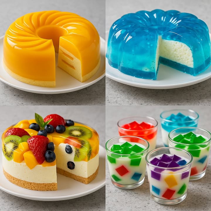 TE ENSEÑO 4 POSTRES DELICIOSOS

 Gelatina de Mousse de Mango

Ingredientes:

2 tazas de pulpa de mango
1 lata de leche condensada
1 taza de crema de leche
2 sobres de gelatina sin sabor hidratados y disueltos
1 bizcocho fino para la base
Rodajas finas de mango para decorar

Preparación:

1. Licúa la pulpa de mango, la leche condensada y la crema de leche hasta obtener una mezcla suave.
2. Añade la gelatina disuelta y mezcla bien.
3. Vierte la mezcla sobre un molde con el bizcocho en la base.
4. Lleva al refrigerador por 4 horas o hasta que cuaje.
5. Desmolda y decora con rodajas de mango.

 Gelatina Azul con Mousse de Leche

Ingredientes:

1 caja de gelatina sabor a frambuesa azul o similar
1 taza de agua caliente
1 taza de agua fría
1 lata de leche condensada
1 taza de crema de leche
2 sobres de gelatina sin sabor hidratados y disueltos

Preparación:

1. Prepara la gelatina azul como indica el paquete. Vierte una capa fina en el molde y refrigera hasta que cuaje.
2. Mezcla la leche condensada, la crema de leche y la gelatina sin sabor disuelta.
3. Vierte esta mezcla sobre la gelatina azul ya cuajada.
4. Refrigera por 4 horas o hasta que esté firme.
5. Desmolda y sirve.

  Tarta de Frutas con Gelatina Transparente

Ingredientes:

200 g de galletas trituradas
100 g de mantequilla derretida
1 lata de leche condensada
1 taza de crema de leche
1 taza de queso crema
2 sobres de gelatina sin sabor hidratados y disueltos
Frutas al gusto fresa, kiwi, mango, arándanos
1 sobre de gelatina transparente sabor neutro

Preparación:

1. Mezcla las galletas con la mantequilla y presiona en la base del molde.
2. Licúa la leche condensada, crema, queso crema y la gelatina disuelta.
3. Vierte sobre la base de galletas y refrigera 2 horas.
4. Coloca las frutas encima.
5. Prepara la gelatina transparente según el paquete y deja enfriar un poco antes de verter sobre las frutas.
6. Refrigera hasta que esté completamente firme.

 Cubos de Gelatina de Colores en Crema

Ingredientes:

4 sabores diferentes de gelatina de colores fresa, limón, uva, piña
1 lata de leche condensada
1 taza de crema de leche
1 taza de leche evaporada
1 sobre de gelatina sin sabor hidratado y disuelto

Preparación:

1. Prepara cada gelatina de color en recipientes separados. Deja cuajar y corta en cubos.
2. Mezcla la leche condensada, crema de leche, leche evaporada y gelatina sin sabor disuelta.
3. Agrega los cubos de colores en vasos o copas individuales.
4. Vierte la mezcla cremosa encima.
5. Lleva al refrigerador por al menos 2 horas antes de servir.

#recetas #postres #dessert #usafood