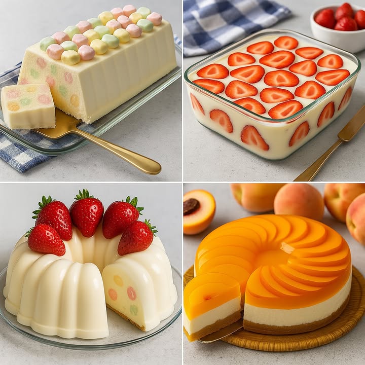 TE ENSEÑO 4 POSTRES RICOS

1. Postre de Gelatina con Malvaviscos de Colores Parte superior izquierda

Ingredientes:

1 lata de leche condensada 395 g
1 lata de crema de leche 200 g
1 taza de leche
2 sobres de gelatina sin sabor 14 g en total
 taza de agua
1 taza de mini malvaviscos de colores
 taza de gomitas de frutas suaves opcional

Preparación:

1. Hidrata la gelatina sin sabor con  taza de agua fría y deja reposar 5 minutos.
2. Calienta en el microondas por 20 segundos o hasta disolver completamente.
3. Licúa la leche condensada, crema de leche y leche normal. Agrega la gelatina disuelta.
4. Coloca los malvaviscos y gomitas en un molde rectangular.
5. Vierte la mezcla líquida sobre los malvaviscos y refrigera por al menos 4 horas.
6. Desmolda y decora con más malvaviscos encima.

 2. Postre de Leche con Fresas Parte superior derecha

Ingredientes:

1 lata de leche condensada
1 lata de leche evaporada
200 ml de crema de leche
2 sobres de gelatina sin sabor
 taza de agua
10 fresas frescas cortadas a la mitad

Preparación:

1. Hidrata la gelatina con  taza de agua y disuélvela completamente.
2. Mezcla las leches y la crema en la licuadora, luego añade la gelatina disuelta.
3. Coloca mitades de fresas en las paredes de un molde cuadrado o rectangular.
4. Vierte la mezcla cuidadosamente sobre las fresas.
5. Decora la superficie con más fresas cortadas.
6. Lleva a refrigeración por 4 horas o hasta que cuaje bien.

 3. Gelatina de Leche con Fresas y Gomitas Parte inferior izquierda

Ingredientes:

1 lata de leche condensada
1 taza de leche
1 taza de crema de leche
2 sobres de gelatina sin sabor
 taza de gomitas de frutas suaves
Fresas frescas para decorar

Preparación:

1. Hidrata la gelatina en  taza de agua y derrite por 20 segundos.
2. Mezcla la leche condensada, leche común y crema de leche.
3. Agrega la gelatina disuelta a la mezcla.
4. Coloca las gomitas dentro de un molde tipo rosca y vierte la mezcla líquida.
5. Refrigera por 4 horas o hasta que esté firme.
6. Desmolda y decora con fresas frescas encima.

 4. Gelatina de Durazno con Base de Galleta Parte inferior derecha

Ingredientes:
Base:

150 g de galletas tipo María molidas
75 g de mantequilla derretida

Relleno cremoso:

1 lata de leche condensada
1 taza de crema de leche
1 taza de leche
2 sobres de gelatina sin sabor
 taza de agua

Capa de durazno:

1 taza de jugo de durazno
1 sobre de gelatina sabor durazno
Rodajas finas de durazno natural o en almíbar

Preparación:

1. Mezcla las galletas con la mantequilla y presiona en un molde desmontable.
2. Refrigera la base mientras haces la mezcla cremosa.
3. Hidrata la gelatina sin sabor, disuélvela y mezcla con las leches.
4. Vierte sobre la base de galleta y refrigera 2 horas.
5. Prepara la gelatina de durazno con el jugo caliente y el sobre de gelatina.
6. Coloca rodajas de durazno sobre la capa blanca cuajada.
7. Vierte cuidadosamente la gelatina de durazno sobre la fruta.
8. Refrigera por al menos 4 horas antes de servir.

#recetas #postres #dessert #usafood