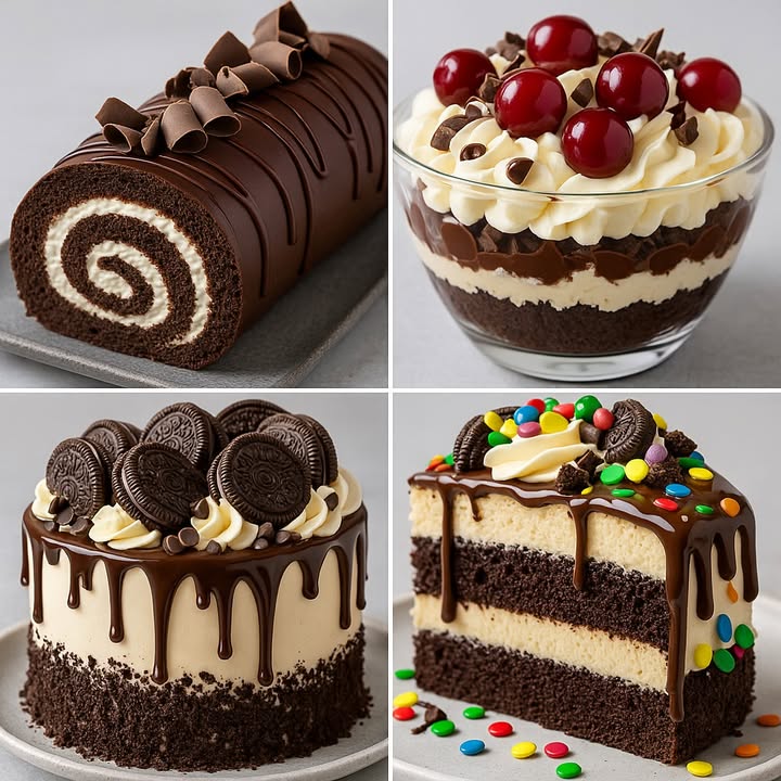 TE ENSEÑO 4 RECETAS DELICIOSAS

 1. Brazo de Reina de Chocolate con Relleno de Crema

Ingredientes:

4 huevos
1/2 taza de azúcar
1/3 taza de harina de trigo
1/4 taza de cacao en polvo
1 cucharadita de polvo de hornear
1 cucharadita de vainilla
1 pizca de sal

Relleno:

1 taza de crema batida nata montada endulzada
100 g de chocolate derretido para cobertura
 Virutas de chocolate para decorar

 Preparación:

1. Precalienta el horno a 180 C y forra una bandeja con papel manteca.
2. Bate los huevos con el azúcar hasta que estén espumosos. Añade la vainilla.
3. Incorpora la harina, el cacao, el polvo de hornear y la sal con movimientos envolventes.
4. Vierte la mezcla en la bandeja y hornea por 1012 minutos.
5. Enrolla el bizcocho caliente con un paño húmedo y deja enfriar.
6. Desenrolla, rellena con la crema batida y vuelve a enrollar.
7. Cubre con chocolate derretido y virutas. Refrigera y sirve!

  2. Trifle de Cereza y Chocolate

Ingredientes:

1 bizcochuelo de chocolate desmenuzado
1 taza de crema batida nata montada
1 taza de cerezas frescas o en conserva
1/2 taza de mermelada de cereza
100 g de chocolate rallado

Preparación:

1. En una copa grande, coloca una capa de bizcochuelo.
2. Agrega una capa de mermelada de cereza y luego cerezas frescas.
3. Añade una capa generosa de crema batida.
4. Repite las capas hasta llenar el recipiente.
5. Decora con más crema, chocolate rallado y cerezas enteras por encima.
6. Refrigera por al menos 2 horas antes de servir.

 3. Tarta de Galletas Oreo y Chocolate

Ingredientes:

1 base de bizcochuelo o galletas trituradas
2 tazas de crema batida
100 g de queso crema
1/2 taza de azúcar glas
10 galletas Oreo trituradas más para decorar
100 g de chocolate derretido

Preparación:

1. Mezcla la crema batida con el queso crema y el azúcar glas.
2. Incorpora las galletas trituradas.
3. Vierte sobre la base de bizcochuelo o galletas.
4. Cubre con ganache de chocolate y decora con Oreos enteras.
5. Refrigera por al menos 4 horas antes de cortar.

 4. Tarta de Chocolate con Confites y Galletas

Ingredientes:

2 capas de bizcocho de chocolate
2 capas de crema de vainilla
1/2 taza de chispas de chocolate
1/2 taza de confites de colores
Galletas tipo Oreo o similares para decorar
Ganache de chocolate para cobertura

Preparación:

1. Alterna capas de bizcocho y crema.
2. Cubre todo el pastel con crema y vierte ganache por encima dejando que chorree.
3. Decora con confites y galletas.
4. Refrigera 1 hora antes de servir para que se asiente bien.

#postres  #recetas #usafood #chocolate #dessert #oreo