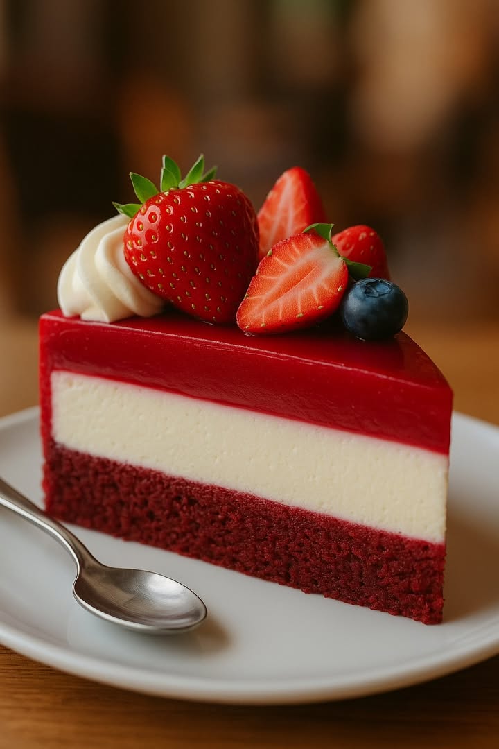 Cheesecake de Fresa con Terciopelo Rojo  

Una Fusión Lujosa de Cheesecake Cremoso y Bizcocho de Terciopelo Rojo Aterciopelado

Consejo:
Este Cheesecake de Fresa con Terciopelo Rojo es un postre indulgente que combina la riqueza del bizcocho de terciopelo rojo con la textura cremosa del cheesecake, todo coronado con fresas frescas y jugosas. Con aproximadamente 350 calorías por porción, es perfecto para ocasiones especiales como cumpleaños, aniversarios o cualquier celebración donde desees impresionar a tus invitados. Delicioso servido frío con una taza de café o una bebida espumosa!

療 Ingredientes:

 Para la capa de bizcocho de terciopelo rojo:
– 1 1/2 taza de harina de trigo todo uso  
– 1 taza de azúcar blanca granulada  
– 1 cucharadita de levadura en polvo  
– 1/2 cucharadita de bicarbonato de sodio  
– 1/4 cucharadita de sal  
– 1 cucharada de cacao en polvo sin azúcar  
– 1 huevo grande  
– 1/2 taza de aceite vegetal  
– 1/2 taza de buttermilk leche con unas gotas de limón si no tienes  
– 1 cucharada de colorante rojo  
– 1 cucharadita de extracto de vainilla  
– 1/2 cucharada de vinagre blanco  

 Para la capa de cheesecake:
– 2 tazas de queso crema, a temperatura ambiente  
– 1 taza de crema agria  
– 1 taza de azúcar glas  
– 1 cucharadita de extracto de vainilla  
– 2 huevos grandes  
– 1 cucharada de harina de trigo  

 Para la cobertura:
– 1 taza de fresas frescas, en rodajas  
– 2 cucharadas de azúcar opcional, para macerar las fresas

 Preparación:

1. Preparar el bizcocho:
1. Precalienta el horno a 175 C 350 F.  
2. En un bol grande, mezcla la harina, el azúcar, la levadura, el bicarbonato, la sal y el cacao.  
3. Agrega el huevo, el aceite, el buttermilk, el colorante rojo, la vainilla y el vinagre. Bate hasta obtener una mezcla homogénea.  
4. Vierte la masa en un molde desmontable previamente engrasado y hornea durante 20-25 minutos o hasta que al insertar un palillo, este salga limpio. Deja enfriar.

2. Preparar el cheesecake:
1. Bate el queso crema con el azúcar glas hasta que quede cremoso.  
2. Añade la crema agria, la vainilla y los huevos, uno a uno. Mezcla bien.  
3. Incorpora la harina y mezcla suavemente.  
4. Vierte esta mezcla sobre la base ya horneada del bizcocho.  
5. Hornea al baño maría coloca el molde dentro de otro recipiente con agua caliente durante 45-50 minutos o hasta que el centro esté casi cuajado.  
6. Deja enfriar a temperatura ambiente y luego refrigera por al menos 4 horas idealmente toda la noche.

3. Decorar:
1. Macera las fresas con azúcar si lo deseas.  
2. Coloca las fresas sobre el cheesecake justo antes de servir.

#TartaDeQueso #CheesecakeDeFresa #TerciopeloRojo #PostresCaseros #ReposteríaCreativa #RecetasDulces #DulcesDeEspaña #AmantesDelChocolate   
#RedVelvetCheesecake #StrawberryDessert #CheesecakeLovers #HomemadeDessert #BakingLove #DessertInspo #SweetTooth #VelvetyGoodness