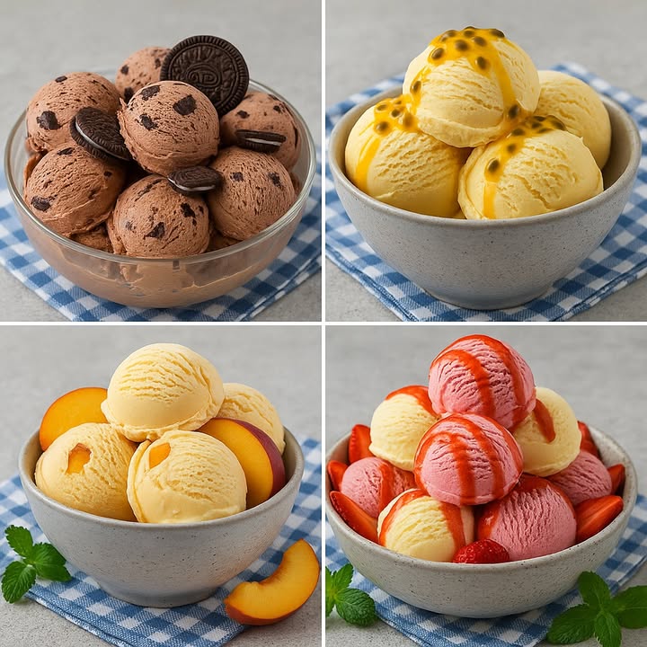 Te dejo 4 recetas de helados

 Helado de Galleta Oreo

Ingredientes:

2 tazas de crema para batir fría
1 lata de leche condensada 397 g
1 cdita de esencia de vainilla
12 galletas Oreo trituradas en trozos

Preparación:

1. Bate la crema fría hasta que forme picos suaves.
2. Añade la leche condensada y la vainilla en forma envolvente.
3. Incorpora las galletas Oreo troceadas.
4. Vierte en un recipiente y congela por 6 horas mínimo.
5. Sirve en bolas y decora con más galletas Oreo.

省 Helado de Maracuyá

 Ingredientes:

1 taza de pulpa de maracuyá con o sin semillas
1 lata de leche condensada
1 lata de leche evaporada
1 taza de crema para batir
 taza de azúcar opcional, depende del dulzor de la fruta

Preparación:

1. Licúa la pulpa de maracuyá con la leche condensada y la evaporada.
2. Bate la crema hasta que espese y mezcla con lo anterior.
3. Endulza con azúcar si lo deseas.
4. Vierte en un molde y congela por 6 horas.
5. Sirve con un poco de pulpa fresca encima.

 Helado de Durazno

 Ingredientes:

3 duraznos maduros en trozos
1 taza de crema para batir
1 lata de leche condensada
1 cdita de esencia de vainilla
1 durazno extra en cubitos para mezclar

 Preparación:

1. Licúa los duraznos con la leche condensada y la vainilla.
2. Bate la crema y mezcla con la preparación.
3. Agrega los cubitos de durazno extra.
4. Vierte en un recipiente y congela por 6 horas.
5. Sirve con rodajas de durazno fresco.

 Helado de Fresa y Vainilla

 Ingredientes:

2 tazas de fresas frescas
1 taza de crema para batir
1 lata de leche condensada
1 cdita de esencia de vainilla
Salsa de fresa para decorar

Preparación:

1. Licúa las fresas con la mitad de la leche condensada.
2. En otro tazón, mezcla la crema batida con la otra mitad de leche condensada y la vainilla.
3. Separa en dos recipientes: uno de fresa y otro de vainilla.
4. Congela por 6 horas, después combina bolas de ambos sabores.
5. Sirve con salsa de fresa encima.

#recetas  #postres #helado #icecream