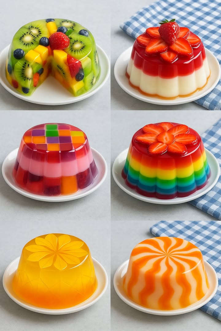 TE ENSEÑO 6 RECETAS DELICIOSAS

1. Gelatina de Frutas Naturales

Ingredientes:

1 sobre de gelatina sin sabor 7 g
500 ml de agua 250 ml caliente  250 ml fría
2 cucharadas de azúcar opcional
Frutas frescas: kiwi, fresas, mango, arándanos

Paso a paso:

1. Hidrata la gelatina sin sabor con 50 ml de agua fría. Luego disuélvela en 250 ml de agua caliente. Agrega el azúcar si lo deseas.
2. Añade los 250 ml de agua fría y mezcla bien.
3. Coloca las frutas cortadas en un molde.
4. Vierte con cuidado la gelatina líquida sobre las frutas.
5. Refrigera por al menos 4 horas o hasta que cuaje por completo.
6. Desmolda y sirve fría.

 2. Gelatina Bicolor con Fresas

Ingredientes:

1 sobre de gelatina de fresa 85 g
1 sobre de gelatina de leche o de vainilla 85 g
Agua según instrucciones del paquete
Fresas frescas cortadas

Paso a paso:

1. Prepara la gelatina de leche según el paquete y viértela en un molde. Refrigera hasta semi cuajar.
2. Prepara la gelatina de fresa. Cuando esté tibia, viértela sobre la gelatina blanca ya firme.
3. Decora la parte superior con fresas en forma de flor.
4. Lleva al refrigerador hasta que cuaje completamente.
5. Desmolda y sirve.

3. Gelatina de Cubos Multicolor

Ingredientes:

4 sabores de gelatina de colores uva, fresa, naranja, limón
1 lata de leche condensada
1 sobre de gelatina sin sabor
250 ml de agua caliente y fría

Paso a paso:

1. Prepara cada gelatina de color por separado. Refrigera hasta que cuaje, luego corta en cubos.
2. Mezcla los cubos en un molde.
3. Hidrata la gelatina sin sabor, disuélvela con agua caliente y mezcla con la leche condensada y agua fría.
4. Vierte sobre los cubos de gelatina.
5. Refrigera hasta que cuaje completamente.
6. Desmolda y disfruta.

4. Gelatina Arcoíris con Fresas

Ingredientes:

Gelatinas de colores rojo, naranja, amarillo, verde, azul, morado
Agua según instrucciones del paquete
Fresas frescas cortadas

Paso a paso:

1. Prepara la primera capa por ejemplo, rojo, vierte en el molde y refrigera hasta cuajar.
2. Repite el proceso capa por capa con cada color.
3. Asegúrate de que cada capa esté firme antes de verter la siguiente.
4. Cuando esté lista, decora con fresas en forma de flor.
5. Refrigera por completo y desmolda.

5. Gelatina de Cítricos Transparente

Ingredientes:

1 sobre de gelatina de naranja o mandarina 85 g
250 ml de jugo de naranja natural
250 ml de agua caliente
Rodajas finas de naranja para decoración opcional

Paso a paso:

1. Disuelve la gelatina en agua caliente.
2. Agrega el jugo de naranja frío y mezcla bien.
3. Vierte en el molde decorado si deseas con rodajas de naranja.
4. Refrigera por al menos 4 horas.
5. Desmolda y sirve.

 6. Gelatina Espiral de Naranja y Leche

Ingredientes:

1 sobre de gelatina de naranja 85 g
1 sobre de gelatina de leche o vainilla 85 g
Agua según instrucciones

Paso a paso:

1. Prepara la gelatina de naranja y la de leche por separado.
2. Vierte pequeñas cantidades alternadas de cada una en el molde naranja-leche-naranja.
3. Continúa así hasta llenar todo el molde.
4. Esto creará el efecto espiral al desmoldar.
5. Refrigera por completo y luego desmolda cuidadosamente.

#postres  #recetas #usafood #dessert #recipes