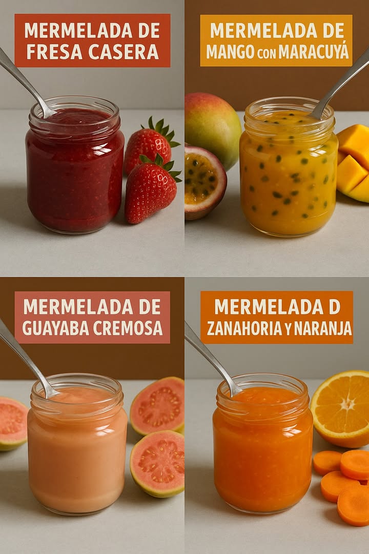 4 DELICIOSAS RECETAS DE MERMELADAS

1. Mermelada Casera de Fresa el clásico imprescindible

Ingredientes:

 500 g de fresas frescas
 300 g de azúcar
 Jugo de 1 limón

Preparación:

 Lavar y trocear las fresas.
 En una cacerola, combinar con el azúcar y el jugo de limón. Dejar reposar durante 30 minutos.
 Cocinar a fuego medio-bajo por 30 a 40 minutos, removiendo constantemente.
 Cuando tenga la textura deseada, retirar del fuego y envasar caliente en frascos previamente esterilizados.

 2. Mermelada de Mango y Maracuyá exótica y vibrante

Ingredientes:

 2 mangos maduros
 1 taza de pulpa de maracuyá con o sin semillas
 1 taza de azúcar
 Jugo de medio limón

Preparación:

 Pelar y triturar el mango hasta obtener un puré.
 Mezclar con la pulpa de maracuyá, el azúcar y el jugo de limón.
 Cocinar a fuego medio durante 30 a 35 minutos hasta que espese.
 Envasar mientras esté caliente.

 3. Mermelada Cremosa de Guayaba muy apreciada en México, Colombia y Venezuela

Ingredientes:

 1 kg de guayabas maduras
 500 g de azúcar
 Jugo de 1 limón
 1 taza de agua

Preparación:

 Lavar, trocear y hervir las guayabas con el agua durante 10-15 minutos.
 Licuar o procesar y colar para eliminar las semillas.
 Regresar a la olla con el azúcar y el jugo de limón.
 Cocinar a fuego medio durante 25 a 30 minutos hasta obtener una textura cremosa.

4. Mermelada de Zanahoria y Naranja sencilla y original

Ingredientes:

 2 zanahorias medianas ralladas
 Jugo de 2 naranjas
 1 taza de azúcar
 Ralladura de una naranja
 1/2 taza de agua

Preparación:

Mezclar todos los ingredientes en una olla. Cocinar a fuego bajo, removiendo frecuentemente, durante 30 a 40 minutos.
 Licuar si prefieres una consistencia más suave. Envasar caliente.

#RecetasCaseras #DulcesTradicionales #spainfood #recetasespanolas #HomemadeJam #SweetTreats #Preserves #usafood #USARecipes
