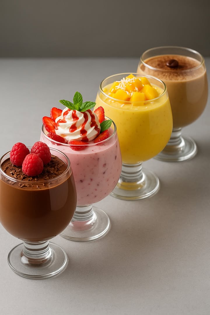 4 postres de mousse

 Mousse de Chocolate con Frambuesas

 Ingredientes:

200 g de chocolate semiamargo
3 huevos separadas claras y yemas
3 cdas de azúcar
200 ml de crema de leche
Frambuesas frescas para decorar
Ralladura de chocolate para decorar

Preparación:

1. Derrite el chocolate a baño María o en microondas en intervalos cortos.
2. Bate las yemas con 2 cdas de azúcar hasta que estén cremosas. Incorpora al chocolate derretido.
3. Monta la crema de leche y añádela suavemente a la mezcla de chocolate.
4. Bate las claras a punto de nieve con 1 cda de azúcar y mezcla en forma envolvente.
5. Refrigera por 3 horas. Sirve decorado con frambuesas y ralladura de chocolate.

 Mousse de Fresa con Nata y Jarabe

Ingredientes:

250 g de fresas frescas
150 ml de crema de leche nata
3 cdas de azúcar
1 clara de huevo
1 cdita de esencia de vainilla
Fresas adicionales, nata montada y jarabe de fresa para decorar
Hojas de menta

 Preparación:

1. Tritura las fresas con 2 cdas de azúcar hasta obtener un puré suave.
2. Bate la nata con 1 cda de azúcar y la vainilla hasta semimontar.
3. Bate la clara a punto de nieve.
4. Mezcla el puré de fresas con la nata y finalmente incorpora la clara montada en forma envolvente.
5. Lleva a refrigerar por 2 horas. Sirve decorado con nata montada, fresas en rodajas, jarabe y hojas de menta.

省 Mousse de Mango con Coco

Ingredientes:

2 mangos maduros pulpa
200 ml de crema de leche
3 cdas de azúcar
1 sobre de gelatina sin sabor 7 g hidratada en 3 cdas de agua
Coco rallado para decorar
Cubos de mango fresco

Preparación:

1. Tritura la pulpa de mango junto con el azúcar hasta que quede un puré liso.
2. Hidrata y disuelve la gelatina en agua caliente, añade al puré de mango.
3. Monta la crema de leche e incorpórala suavemente.
4. Vierte la mezcla en vasos y refrigera por al menos 3 horas.
5. Decora con cubos de mango y coco rallado antes de servir.

 Mousse de Café Capuccino

Ingredientes:

2 cdas de café soluble
200 ml de crema de leche
200 ml de leche condensada
1 cda de cacao en polvo
1 sobre de gelatina sin sabor 7 g
Grano de café para decorar

Preparación:

1. Disuelve el café en 3 cdas de agua caliente.
2. Hidrata la gelatina y disuélvela.
3. Bate la crema de leche hasta semimontar.
4. Mezcla la leche condensada con el café disuelto y la gelatina.
5. Incorpora la crema montada de forma envolvente.
6. Refrigera por 3 horas.
7. Decora con cacao en polvo espolvoreado y un grano de café.

#fblifestyle