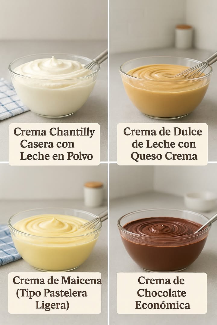GUARDA ESTAS RECETAS COMO UN TESORO EN LA TIERRA

4 cremas para cubrir pasteles

拏 Crema Chantilly Casera con Leche en Polvo

Ingredientes:

1 taza de crema de leche fría nata para montar
3 cucharadas de leche en polvo
4 cucharadas de azúcar glass impalpable
1 cucharadita de esencia de vainilla

Preparación:

1. Coloca la crema de leche bien fría en un bol.
2. Agrega la leche en polvo, el azúcar glass y la vainilla.
3. Bate con batidora eléctrica a velocidad media-alta hasta que se formen picos firmes.
4. Guarda en la nevera hasta el momento de usar.

 Crema de Dulce de Leche con Queso Crema

Ingredientes:

1 taza de dulce de leche
200 g de queso crema tipo Philadelphia
 taza de crema de leche nata

Preparación:

1. Coloca en un bol el queso crema y bátelo hasta que esté suave.
2. Agrega el dulce de leche y mezcla bien hasta integrar.
3. Incorpora la crema de leche previamente batida a medio punto.
4. Une todo con movimientos envolventes y refrigera antes de usar.

 Crema de Maicena Tipo Pastelera Ligera

Ingredientes:

500 ml de leche
3 cucharadas de maicena fécula de maíz
4 cucharadas de azúcar
2 yemas de huevo
1 cucharadita de esencia de vainilla

Preparación:

1. En una olla, calienta la leche con el azúcar y la vainilla, reservando un poco de leche fría aparte.
2. Disuelve la maicena en la leche fría reservada y mezcla con las yemas de huevo.
3. Vierte esta mezcla en la olla caliente sin dejar de revolver.
4. Cocina a fuego medio hasta que espese.
5. Retira del fuego, cubre con film plástico y deja enfriar.

 Crema de Chocolate Económica

Ingredientes:

500 ml de leche
3 cucharadas de cacao en polvo sin azúcar
3 cucharadas de maicena
5 cucharadas de azúcar
1 cucharadita de esencia de vainilla

Preparación:

1. En una olla mezcla el cacao, la maicena y el azúcar.
2. Agrega poco a poco la leche fría, disolviendo bien los grumos.
3. Lleva al fuego medio y remueve constantemente hasta espesar.
4. Cuando esté cremosa, añade la vainilla y mezcla.
5. Deja enfriar antes de usar en postres o tortas.

#recetas #postres #cremas #chantilly