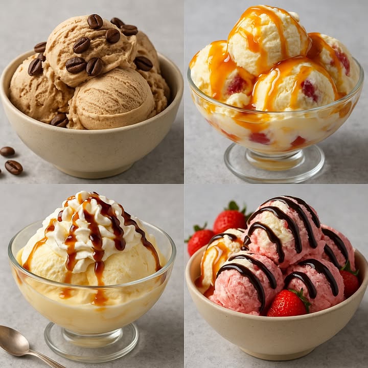 Te enseño 4 recetas de helados

 1. Helado Cremoso de Café

Ingredientes:

2 tazas de crema para batir nata líquida
1 taza de leche condensada
2 cucharadas de café soluble fuerte
1 cucharadita de esencia de vainilla
Granos de café para decorar

Preparación:

1. Disolver el café soluble en 2 cucharadas de agua caliente y dejar enfriar.
2. Batir la crema para batir hasta formar picos suaves.
3. Incorporar la leche condensada, la vainilla y el café disuelto, mezclando suavemente.
4. Llevar al congelador en un recipiente hermético durante al menos 6 horas.
5. Servir en boles y decorar con granos de café enteros.

  2. Helado de Vainilla con Frutas y Caramelo

Ingredientes:

2 tazas de helado de vainilla
1/2 taza de trozos de frutas frescas fresas, mango, durazno
1/3 taza de salsa de caramelo

Preparación:

1. Colocar dos o tres bolas de helado de vainilla en una copa de vidrio.
2. Agregar trozos de frutas frescas encima.
3. Bañar con salsa de caramelo al gusto.
4. Servir inmediatamente para que esté cremoso y fresco.

 3. Helado de Vainilla con Chantilly y Salsa

Ingredientes:

2 tazas de helado de vainilla
1 taza de crema batida chantilly
2 cucharadas de salsa de caramelo
2 cucharadas de salsa de chocolate

Preparación:

1. Servir bolas de helado de vainilla en una copa de vidrio.
2. Colocar encima una generosa cantidad de chantilly.
3. Decorar con hilos de salsa de caramelo y salsa de chocolate.
4. Disfrutar al momento.

 4. Helado de Fresa con Salsa de Chocolate

Ingredientes:

2 tazas de helado de fresa
1/2 taza de fresas frescas enteras
1/3 taza de salsa de chocolate

Preparación:

1. Colocar bolas de helado de fresa en un bol.
2. Añadir fresas frescas alrededor.
3. Bañar con salsa de chocolate encima del helado.
4. Servir de inmediato para un contraste delicioso entre frío y dulce.

#helado #recetas #postres #recipe #icecream