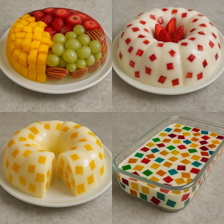 TE ENSEÑO 4 RECETAS DE POSTRES

 1. Gelatina Transparente con Frutas mango, uvas, fresas y nuez pecana

Ingredientes:

2 sobres de gelatina sin sabor 14 g
500 ml de agua
3 cucharadas de azúcar
1 cucharadita de esencia de vainilla
1 taza de mango en cubos
1 taza de uvas verdes sin semillas
1 taza de fresas en rodajas
1/2 taza de nuez pecana

Preparación:

1. Hidrata la gelatina sin sabor en 100 ml de agua fría.
2. Calienta el resto del agua con el azúcar y la vainilla. Una vez caliente, añade la gelatina hidratada y mezcla bien hasta disolver.
3. Deja enfriar un poco.
4. En un molde, coloca primero las frutas organizadas mango, uvas, fresas y nueces.
5. Vierte lentamente la gelatina sobre las frutas.
6. Refrigera por al menos 4 horas o hasta que esté completamente firme.
7. Desmolda y sirve fría.

2. Gelatina de Leche con Cubos de Fresa

Ingredientes:

1 sobre de gelatina sabor fresa
1 sobre de gelatina sin sabor
1 taza de agua caliente
1 taza de agua fría
1 taza de leche condensada
1 taza de crema de leche
1 cucharadita de vainilla

Preparación:

1. Prepara la gelatina de fresa con solo 1 taza de agua caliente y 1 taza de agua fría para que quede más firme. Vierte en un molde plano y refrigera hasta cuajar.
2. Una vez firme, corta en cubos pequeños.
3. Hidrata la gelatina sin sabor con un poco de agua y disuélvela al baño maría.
4. Mezcla la leche condensada, crema de leche, vainilla y la gelatina sin sabor disuelta.
5. En un molde, agrega los cubos de fresa y vierte la mezcla de leche encima.
6. Refrigera por 4 a 6 horas.
7. Desmolda y decora con fresas frescas.

 3. Gelatina de Leche con Cubos de Mango

Ingredientes:

1 sobre de gelatina sabor mango
1 sobre de gelatina sin sabor
1 taza de agua caliente
1 taza de agua fría
1 taza de leche condensada
1 taza de crema de leche
1 cucharadita de esencia de mango o vainilla

Preparación:

1. Prepara la gelatina de mango con menos agua 1 taza caliente  1 taza fría. Enfría en un molde bajo.
2. Una vez cuajada, córtala en cubitos pequeños.
3. Hidrata y disuelve la gelatina sin sabor.
4. Mezcla la leche condensada, crema, esencia y la gelatina disuelta.
5. Coloca los cubos de mango en un molde y vierte la mezcla encima.
6. Refrigera mínimo 4 horas.
7. Desmolda y sirve.

 4. Gelatina Mosaico Multicolor

Ingredientes:

4 sobres de gelatina de sabores variados fresa, piña, uva, limón
1 sobre de gelatina sin sabor
1 taza de leche condensada
1 taza de crema de leche
1 cucharadita de vainilla

Preparación:

1. Prepara cada sabor de gelatina por separado usando menos agua de lo indicado para que queden más firmes. Refrigera hasta cuajar.
2. Corta cada gelatina en cubitos y mezcla todos en un molde grande.
3. Hidrata y disuelve la gelatina sin sabor.
4. Mezcla la leche condensada, crema de leche, vainilla y la gelatina disuelta.
5. Vierte esta mezcla sobre los cubos de gelatina en el molde.
6. Refrigera por 4 a 6 horas.
7. Corta en porciones y sirve frío.

#recetas #postres #spainfood #dessert