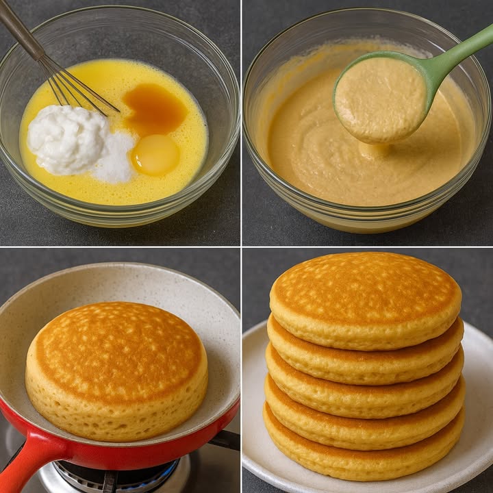 丹 Panqueques Esponjosos y Dorados

 Ingredientes

1 taza de harina de trigo
1 cucharada de azúcar
1 cucharadita de polvo de hornear
1 pizca de sal
1 huevo
1 taza de yogur natural o leche si prefieres una textura más ligera
1 cucharada de miel o jarabe de maple
1 cucharadita de esencia de vainilla
1 cucharada de mantequilla derretida opcional

 Preparación paso a paso

1. Mezcla los ingredientes húmedos:
   En un bol grande, bate el huevo con el yogur, la miel o jarabe de maple y la vainilla hasta que se integren bien.

2. Agrega los ingredientes secos:
   Incorpora la harina, el azúcar, el polvo de hornear y la sal. Mezcla suavemente con un batidor de mano hasta obtener una masa espesa y sin grumos.

3. Deja reposar la masa:
   Espera unos 5 minutos para que el polvo de hornear actúe. Esto ayuda a que los panqueques queden más altos y esponjosos.

4. Cocina los panqueques:
   Calienta una sartén antiadherente o ligeramente engrasada a fuego bajo.
   Vierte una porción de masa en el centro y cocina hasta que se formen burbujas en la superficie.
   Luego, voltea y cocina el otro lado hasta que quede dorado.

5. Sirve y disfruta:
   Apila los panqueques y acompáñalos con miel, frutas frescas, mantequilla o jarabe de maple.

 Consejo extra:

Para que queden aún más esponjosos, puedes separar la clara y batirla a punto de nieve, incorporándola suavemente al final.

#panqueques #hotcakes #pancakes