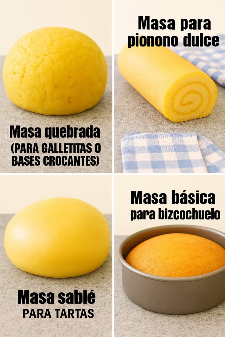 TE ENSEÑO RECETA DE 4 MASAS BÁSICAS RICAS

Guarda como un tesoro en la tierra.

1. Masa quebrada para galletitas o bases crocantes

Ingredientes:

250 g de harina de trigo
125 g de mantequilla fría en cubos
80 g de azúcar
1 huevo
1 pizca de sal

Preparación:

1. Tamiza la harina y mézclala con la sal y el azúcar.
2. Agrega la mantequilla fría en cubos y desmenúzala con los dedos hasta obtener una textura arenosa.
3. Incorpora el huevo y mezcla hasta formar una masa homogénea.
4. Envuelve en film plástico y refrigera por 30 minutos antes de usar.
5. Extiende la masa y utilízala para galletitas o bases de tartas crocantes.

2. Masa para pionono dulce

Ingredientes:

4 huevos
120 g de azúcar
120 g de harina de trigo
1 cucharadita de esencia de vainilla

Preparación:

1. Precalienta el horno a 180 C y forra una bandeja con papel manteca.
2. Bate los huevos con el azúcar hasta triplicar el volumen y que quede espumoso.
3. Agrega la esencia de vainilla.
4. Incorpora la harina tamizada con movimientos envolventes.
5. Vierte la mezcla en la bandeja y hornea por 10-12 minutos.
6. Desmolda sobre un paño húmedo, enrolla y deja enfriar.

3. Masa sablé para tartas

Ingredientes:

300 g de harina de trigo
150 g de mantequilla a temperatura ambiente
120 g de azúcar glas
1 huevo
1 pizca de sal
Ralladura de 1 limón opcional

Preparación:

1. Mezcla la mantequilla con el azúcar glas hasta obtener una crema.
2. Agrega el huevo y la ralladura de limón.
3. Incorpora la harina y la sal tamizadas.
4. Amasa suavemente hasta integrar, sin trabajar demasiado la masa.
5. Envuelve en film plástico y refrigera al menos 1 hora.
6. Estira y usa para tartas o bases dulces.

4. Masa básica para bizcochuelo

Ingredientes:

4 huevos
200 g de azúcar
200 g de harina de trigo
1 cucharadita de polvo de hornear
50 ml de leche
50 ml de aceite vegetal
1 cucharadita de esencia de vainilla

Preparación:

1. Precalienta el horno a 180 C y engrasa un molde redondo.
2. Bate los huevos con el azúcar hasta que estén espumosos.
3. Agrega la leche, el aceite y la esencia de vainilla.
4. Incorpora la harina tamizada con el polvo de hornear, mezclando con movimientos envolventes.
5. Vierte la mezcla en el molde y hornea de 30 a 40 minutos o hasta que un palillo salga limpio.
6. Deja enfriar antes de desmoldar.

#recetas #masas #recipe #recipes
