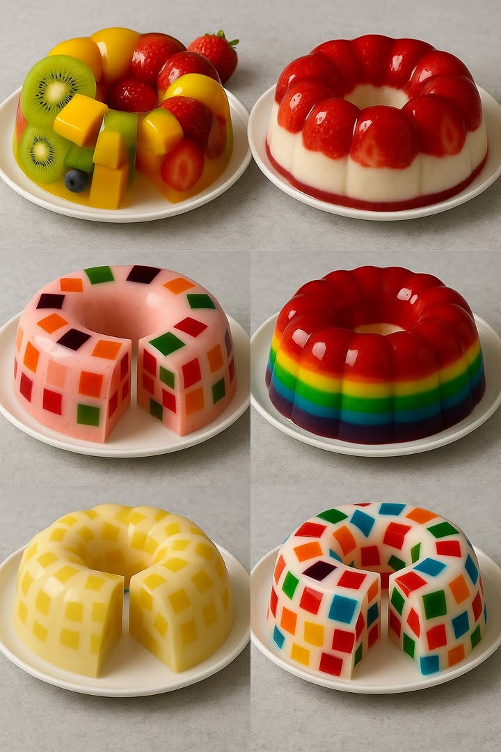 TE ENSEÑO 6 RECETAS DE POSTRES DELICIOSOS

 1. Gelatina transparente con frutas frescas

Ingredientes:

2 sobres de gelatina sin sabor 14 g
500 ml de agua
3 cucharadas de azúcar
Frutas frescas kiwi, fresas, mango, arándanos
Molde tipo rosca

Paso a paso:

1. Hidrata la gelatina sin sabor en 100 ml de agua fría por 10 minutos.
2. Calienta 400 ml de agua con el azúcar hasta disolver.
3. Añade la gelatina hidratada y mezcla bien.
4. Deja enfriar ligeramente.
5. En el molde, coloca las frutas decorativamente y vierte la gelatina líquida.
6. Refrigera por al menos 4 horas.

2. Gelatina de fresa con leche y fresas enteras

Ingredientes:

1 sobre de gelatina sabor fresa
500 ml de leche
10 fresas frescas cortadas por la mitad
Molde tipo rosca

Paso a paso:

1. Prepara la gelatina de fresa con leche caliente según el paquete.
2. Coloca las fresas en el molde con la parte cortada hacia fuera.
3. Vierte la gelatina tibia con cuidado.
4. Refrigera hasta que cuaje completamente mínimo 4 horas.

3. Gelatina rosa con cubos de gelatina de colores

Ingredientes:

1 sobre de gelatina de fresa rosa
Cubos de gelatina ya preparados de sabores: naranja, cereza, uva, limón
500 ml de leche
1 sobre de gelatina sin sabor

Paso a paso:

1. Prepara los cubos de gelatina de colores y corta en cubitos.
2. Hidrata la gelatina sin sabor y mezcla con la gelatina rosa disuelta en leche caliente.
3. En el molde, coloca los cubitos y vierte la gelatina rosa tibia.
4. Lleva al refrigerador por 4-6 horas.

 4. Gelatina arcoíris en capas

Ingredientes:

6 sobres de gelatina de distintos colores rojo, naranja, amarillo, verde, azul, morado
500 ml de agua por cada sabor
1 sobre de gelatina sin sabor opcional, para más firmeza

Paso a paso:

1. Prepara cada gelatina con menos agua de lo indicado para que quede firme.
2. Vierte el primer color en el molde y deja cuajar.
3. Repite con cada color en orden, dejando cuajar capa por capa.
4. Refrigera al menos 6 horas o toda la noche.

 5. Gelatina blanca con cubos amarillos

Ingredientes:

1 sobre de gelatina sabor piña
1 sobre de gelatina sin sabor
500 ml de leche condensada diluida
Cubos de gelatina de piña

Paso a paso:

1. Prepara la gelatina de piña, deja cuajar y corta en cubitos.
2. Mezcla la leche condensada con gelatina sin sabor ya hidratada.
3. En el molde, distribuye los cubos amarillos y vierte la mezcla blanca.
4. Lleva al refrigerador por 4 horas.

 6. Gelatina blanca con cubos de mosaico azul, rojo, verde, amarillo

Ingredientes:

Gelatina de sabores: fresa rojo, limón amarillo, piña verde, mora azul azul
1 sobre de gelatina sin sabor
500 ml de leche evaporada o condensada diluida
Molde tipo rosca

Paso a paso:

1. Prepara cada sabor de gelatina y corta en cubos cuando estén firmes.
2. Mezcla la leche con la gelatina sin sabor disuelta.
3. Coloca los cubitos de colores en el molde y vierte la mezcla blanca encima.
4. Refrigera por 4-6 horas o hasta cuajar completamente.

#RecetasFáciles #PostresCaseros #recetas #postres
#JelloDesserts  #dessert