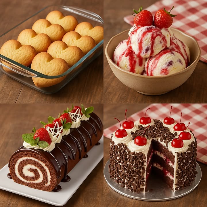 Te enseño 4 recetas ricas

 1. Galletas de Mantequilla en Forma de Corazón

Ingredientes:

250 g de mantequilla sin sal a temperatura ambiente
150 g de azúcar
1 huevo grande
1 cucharadita de esencia de vainilla
350 g de harina de trigo
1 pizca de sal

Preparación:

1. Batir la mantequilla y el azúcar
   Mezcla ambos durante 34 minutos hasta obtener una crema suave y esponjosa.

2. Agregar el huevo y la vainilla
   Bate hasta integrar completamente.

3. Añadir los ingredientes secos
   Incorpora la harina y la sal poco a poco, mezclando con una espátula hasta formar una masa suave.

4. Formar las galletas
   Estira la masa y corta corazones con un molde. Coloca en una bandeja.

5. Hornear
   Hornea a 180 C durante 1215 minutos o hasta que los bordes estén ligeramente dorados.

 2. Helado Cremoso de Vainilla con Salsa de Fresas

Ingredientes:

2 tazas de crema para batir
1 taza de leche entera
1 taza de azúcar
1 cucharada de esencia de vainilla
1 taza de fresas picadas
 taza de salsa de fresa o coulis
Fresas enteras para decorar opcional

Preparación:

1. Preparar la base del helado
   Mezcla la crema, la leche, el azúcar y la vainilla hasta disolver el azúcar.

2. Congelar
   Lleva la mezcla a un congelador y remueve cada 40 minutos durante 34 horas, o usa una heladera.

3. Agregar las fresas
   Mezcla las fresas picadas cuando el helado esté semicongelado.

4. Servir
   Forma bolitas y agrega la salsa de fresa por encima. Decora con fresas frescas.

 3. Brazo de Reina de Chocolate con Crema y Fresas

Ingredientes:

Para el bizcocho:

4 huevos
100 g de azúcar
80 g de harina de trigo
20 g de cacao en polvo
1 cucharadita de polvo de hornear

Para el relleno y decoración:

2 tazas de crema para batir
3 cucharadas de azúcar
Fresas frescas
Ganache de chocolate opcional
Hojas de menta para decorar

Preparación:

1. Hacer el bizcocho
   Bate los huevos con el azúcar hasta duplicar volumen. Incorpora la harina, cacao y polvo de hornear con movimientos envolventes.

2. Hornear
   Vierte la mezcla en una bandeja y hornea a 180 C durante 1012 minutos.

3. Rellenar
   Bate la crema con azúcar. Unta sobre el bizcocho y enrolla con cuidado.

4. Decora
   Cubre con ganache, crema batida, fresas y hojas de menta.

 4. Pastel Selva Negra Black Forest

Ingredientes:

Para el bizcocho:

3 huevos
1 taza de azúcar
 taza de harina
 taza de cacao en polvo
1 cucharadita de polvo de hornear

Para el relleno y decoración:

2 tazas de crema para batir
3 cucharadas de azúcar
Cerezas en almíbar
 taza de jarabe de cereza
Virutas de chocolate
Cerezas con tallo para decorar

Preparación:

1. Preparar el bizcocho
   Bate los huevos con el azúcar hasta esponjar. Añade harina, cacao y polvo de hornear. Hornea a 180 C por 2530 minutos.

2. Cortar el pastel
   Corta en 3 capas iguales.

3. Armar el pastel
   Humedece cada capa con el jarabe de cereza. Rellena con crema batida y cerezas picadas.

4. Decorar
   Cubre con crema, añade las virutas de chocolate y decora con cerezas enteras.

#fblifestyle #galletas