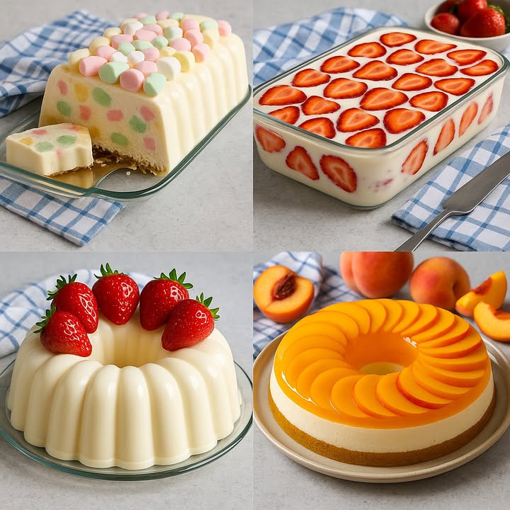 4 RECETAS DE POSTRES

1. Postre Cremoso con Malvaviscos de Colores

Ingredientes:

2 sobres de gelatina sin sabor 14 g
 taza de agua fría
1 lata de leche condensada 395 g
1 lata de crema de leche media crema 300 g
1 taza de leche entera
1 cdta de esencia de vainilla
1  taza de malvaviscos de colores pequeños
150 g de galletas dulces
70 g de mantequilla derretida

Preparación:

1. Hidrata la gelatina sin sabor en el agua fría por 10 minutos.
2. Calienta en el microondas por 30 segundos o hasta que se disuelva completamente.
3. En una licuadora mezcla la leche condensada, crema de leche, leche entera y vainilla. Agrega la gelatina disuelta.
4. Agrega los malvaviscos y mezcla suavemente.
5. Cubre un molde rectangular con las galletas mezcladas con la mantequilla como base.
6. Vierte la mezcla encima y refrigera por al menos 4 horas.
7. Desmolda y decora con más malvaviscos si deseas.

2. Postre Cremoso con Fresas en Rebanadas

Ingredientes:

2 sobres de gelatina sin sabor 14 g
 taza de agua fría
1 taza de leche entera
1 lata de leche condensada 395 g
1 taza de crema de leche
1 cdta de esencia de vainilla
1 taza de fresas picadas
Fresas rebanadas para decorar los lados y la parte superior

Preparación:

1. Hidrata la gelatina sin sabor con el agua fría por 10 minutos. Derrítela en el microondas.
2. Licúa la leche, leche condensada, crema de leche y vainilla.
3. Añade la gelatina disuelta y mezcla bien.
4. En un molde rectangular, coloca fresas rebanadas en los lados y fondo del molde.
5. Añade las fresas picadas a la mezcla y vierte en el molde.
6. Refrigera por al menos 4 horas. Decora con más fresas encima al servir.

3. Gelatina de Leche con Fresas Enteras

Ingredientes:

2 sobres de gelatina sin sabor 14 g
 taza de agua fría
1 lata de leche condensada 395 g
2 tazas de leche entera
1 taza de crema de leche
1 cdta de vainilla
Fresas enteras para decorar

Preparación:

1. Hidrata la gelatina en el agua y derrite en el microondas.
2. Mezcla en la licuadora la leche condensada, leche entera, crema de leche y vainilla.
3. Agrega la gelatina disuelta.
4. Vierte en un molde de anillo y refrigera por 4 horas.
5. Desmolda y decora con fresas enteras en la parte superior.

4. Gelatina de Durazno con Base de Galleta

Ingredientes:

Base:

200 g de galletas tipo María
80 g de mantequilla derretida

Relleno:

1 lata de leche condensada 395 g
1 taza de leche evaporada
1 taza de crema de leche
2 sobres de gelatina sin sabor 14 g
 taza de agua fría
1 cdta de esencia de vainilla

Cobertura:

1 taza de jugo de durazno enlatado sin pulpa
1 sobre de gelatina de durazno 40 g
Rebanadas de durazno para decorar

Preparación:

1. Tritura las galletas y mézclalas con la mantequilla. Presiona sobre la base de un molde desmontable.
2. Hidrata la gelatina sin sabor y disuélvela.
3. Licúa la leche condensada, evaporada, crema de leche, vainilla y la gelatina disuelta.
4. Vierte sobre la base de galletas y refrigera por 2 horas.
5. Disuelve la gelatina de durazno en el jugo caliente y deja enfriar un poco.
6. Coloca las rebanadas de durazno sobre la gelatina blanca y vierte la gelatina de durazno encima.
7. Refrigera 2 horas más. Desmolda y sirve.

#postres  #recetas #usafood #dessert #recipes