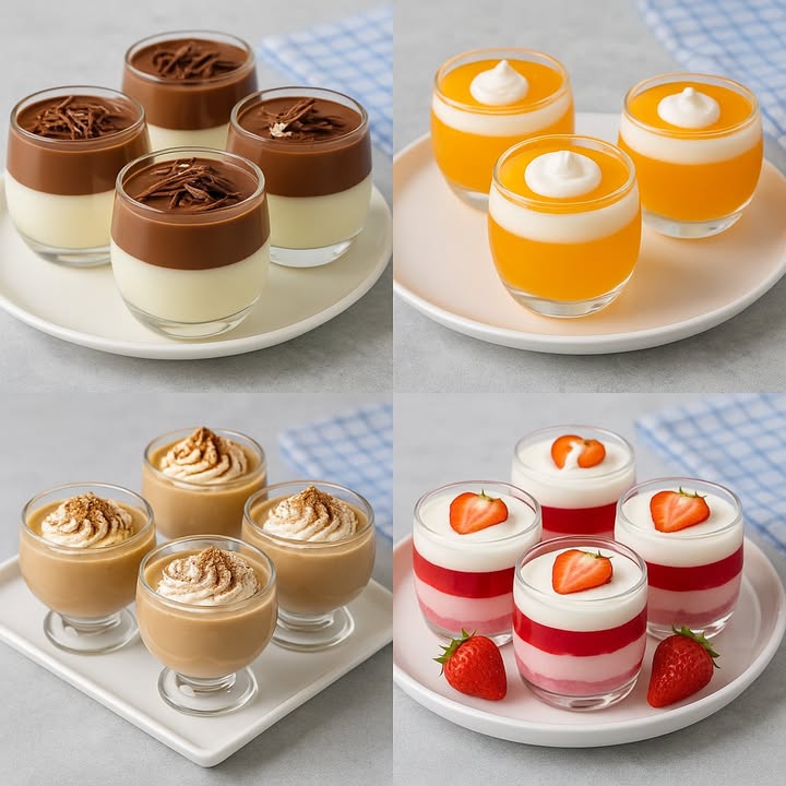 Te enseño 4 ideas de gelatinas indivisuales en copas

 1. Gelatina de Fresa con Yogur en 3 Niveles

Ingredientes:

1 sobre de gelatina sabor fresa 120 g
2 tazas de agua 1 caliente  1 fría
1 taza de yogur natural sin azúcar
2 cucharadas de leche condensada opcional para endulzar la capa blanca
Fresas frescas para adornar

Preparación:

1. Capa roja  Gelatina pura de fresa:

   Disuelve el sobre completo en 1 taza de agua caliente.
   Añade  taza de agua fría y mezcla.
   Coloca  de la mezcla en vasos para formar la primera capa.
   Refrigera 20-30 min hasta que esté semicuajada debe sentirse firme pero húmeda.

2. Capa rosada  Gelatina  Yogur:

   Mezcla otro  de la gelatina restante con  taza de yogur.
   Revuelve bien y vierte sobre la capa roja.
   Refrigera otros 30 min hasta que solidifique.

3. Capa blanca  Yogur cremoso:

   Combina  taza de yogur con la leche condensada.
   Vierte encima de la capa rosada ya firme.
   Refrigera al menos 2 horas hasta que quede compacta.

Decoración:
Decora con fresas frescas cortadas justo antes de servir.

 2. Gelatina Cremosa de Café y Leche

Ingredientes:

2 tazas de café ya preparado frío
1 taza de leche condensada
2 sobres de gelatina sin sabor 14 g
 taza de agua

Preparación:

1. Hidrata la gelatina sin sabor con el agua y disuélvela en baño maría o microondas.
2. Combina el café con la leche condensada.
3. Agrega la gelatina derretida y mezcla.
4. Sirve en copas y refrigera hasta que esté firme.
5. Puedes coronar con crema batida y un toque de cacao espolvoreado.

 3. Gelatina de Durazno con Crema Batida

Ingredientes:

1 lata de duraznos en almíbar
1 sobre de gelatina sin sabor 7 g
 taza de agua fría
1 taza de nata montada crema de leche batida

Preparación:

1. Escurre los duraznos y tritura con un poco del almíbar.
2. Hidrata la gelatina en el agua fría y disuelve bien.
3. Mezcla el puré de durazno con la gelatina disuelta y deja enfriar un poco.
4. Incorpora la nata suavemente con movimientos envolventes.
5. Reparte en copas y refrigera hasta que cuaje.

 4. Gelatina Bicolor de Chocolate y Vainilla

Ingredientes:

1 sobre de gelatina sabor chocolate
1 sobre de gelatina sabor vainilla
4 tazas de leche 2 para cada gelatina
Virutas de chocolate para terminar

Preparación:

1. Prepara las dos gelatinas por separado utilizando leche en lugar de agua.
2. Deja enfriar un poco sin que cuajen por completo.
3. En vasos, coloca primero la capa de chocolate y refrigera hasta que esté semi firme.
4. Luego vierte la de vainilla encima.
5. Deja enfriar bien y adorna con las virutas de chocolate antes de servir.

#recetas #postres #dessert
