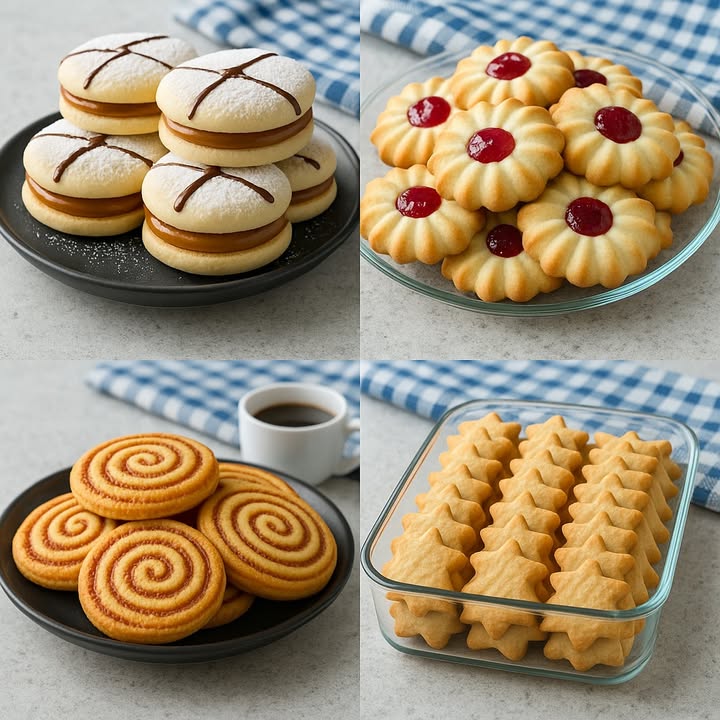 TE ENSEÑO 4 RECETAS DE GALLETAS朗

Alfajores de Maicena con Dulce de Leche

Ingredientes:

200 g de mantequilla a temperatura ambiente
150 g de azúcar
2 yemas de huevo
1 cucharadita de esencia de vainill
300 g de maicena
100 g de harina de trigo
1 cucharadita de polvo de hornear
Dulce de leche cantidad necesaria
Azúcar glas y chocolate derretido opcional, para decorar

Preparación:

1. Batir la mantequilla con el azúcar hasta obtener una mezcla cremosa.
2. Agregar las yemas y la esencia de vainilla. Mezclar bien.
3. Incorporar la maicena, la harina y el polvo de hornear tamizados. Amasar hasta formar una masa suave.
4. Estirar la masa sobre una superficie enharinada y cortar círculos con un cortador.
5. Hornear a 180 C por 10-12 minutos o hasta que estén apenas dorados.
6. Enfriar y unir de a dos con dulce de leche en el centro.
7. Decorar con azúcar glas y un hilo de chocolate si deseas.

 Galletas de Mantequilla con Mermelada Flor de Galleta

Ingredientes:

250 g de mantequilla
150 g de azúcar glas
1 huevo
1 cucharadita de vainilla
300 g de harina de trigo
Mermelada de frambuesa o fresa para el centro

Preparación:

1. Batir la mantequilla con el azúcar glas hasta que esté cremosa.
2. Añadir el huevo y la vainilla, y mezclar bien.
3. Agregar la harina y mezclar hasta formar una masa suave.
4. Colocar la masa en una manga pastelera con boquilla rizada y formar flores sobre una bandeja con papel de horno.
5. Hacer un pequeño hueco en el centro y colocar un poco de mermelada.
6. Hornear a 180 C durante 10-12 minutos o hasta dorar ligeramente los bordes.

 Galletas de Canela en Espiral

Ingredientes:

200 g de mantequilla
100 g de azúcar
1 huevo
1 cucharadita de esencia de vainilla
300 g de harina
2 cucharadas de azúcar moreno
1 cucharada de canela en polvo

Preparación:

1. Batir la mantequilla con el azúcar hasta que esté cremosa.
2. Agregar el huevo y la vainilla. Mezclar bien.
3. Incorporar la harina y formar una masa lisa.
4. Estirar la masa en un rectángulo. Espolvorear con azúcar moreno y canela.
5. Enrollar la masa formando un cilindro y refrigerar 30 minutos.
6. Cortar en rodajas de 1 cm y colocar en una bandeja.
7. Hornear a 180 C por 12-15 minutos o hasta que estén doradas.

 Galletas de Mantequilla en Forma de Estrella

Ingredientes:

250 g de mantequilla
125 g de azúcar
1 huevo
1 cucharadita de vainilla
350 g de harina de trigo
1 pizca de sal

Preparación:

1. Batir la mantequilla con el azúcar hasta que esté bien cremosa.
2. Añadir el huevo y la vainilla. Mezclar.
3. Incorporar la harina y la sal hasta formar una masa suave.
4. Estirar la masa y cortar con moldes de estrella.
5. Colocar en una bandeja con papel vegetal y hornear a 180 C durante 10-12 minutos.

#breakfast #recetas #usafood #galletas #cookies