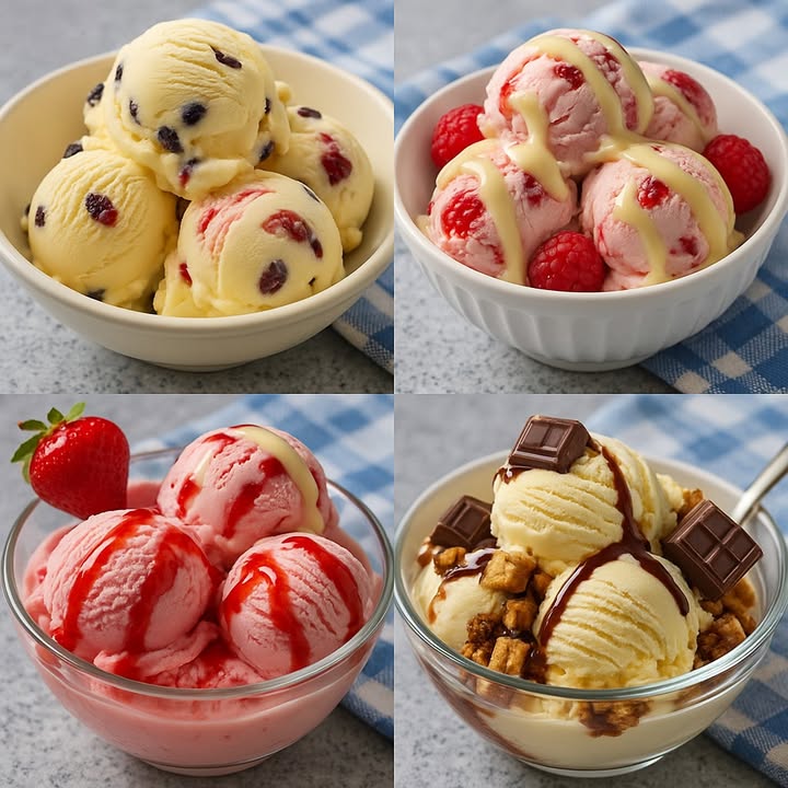 TE ENSEÑO 4 RECETAS DE HELADOS

 1. Helado de Vainilla con Pasas

Ingredientes:

500 ml de crema para batir mínimo 35% de grasa
300 ml de leche entera
150 g de azúcar
1 cucharadita de esencia de vainilla
100 g de pasas
2 cucharadas de ron opcional

Preparación:

1. Si usas ron, hidrata las pasas en el ron por al menos 1 hora.
2. Bate la crema con el azúcar hasta que esté espesa pero no demasiado firme.
3. Agrega la leche y la vainilla, mezcla bien.
4. Incorpora las pasas escurridas y mezcla suavemente.
5. Lleva la mezcla al congelador por 4 a 6 horas, batiendo cada hora para evitar cristales.
6. Sirve en bolas y disfruta.

 2. Helado de Frambuesa con Salsa de Vainilla

Ingredientes:

400 g de frambuesas frescas o congeladas
500 ml de crema para batir
200 ml de leche entera
150 g de azúcar
1 cucharadita de esencia de vainilla
Salsa de vainilla al gusto puede ser leche condensada

Preparación:

1. Tritura las frambuesas y cuela para eliminar semillas si deseas una textura suave.
2. Bate la crema con el azúcar hasta formar picos suaves.
3. Añade la leche, la vainilla y el puré de frambuesas, mezcla con movimientos envolventes.
4. Congela por 4 horas, removiendo cada hora.
5. Sirve con frambuesas frescas y salsa de vainilla por encima.

 3. Helado de Fresa con Salsa de Fresa

Ingredientes:

500 g de fresas frescas
500 ml de crema para batir
200 ml de leche condensada
1 cucharadita de jugo de limón
Salsa de fresa para decorar puede ser mermelada diluida

Preparación:

1. Tritura las fresas con el jugo de limón hasta obtener un puré.
2. Bate la crema hasta que espese.
3. Mezcla la leche condensada con el puré de fresas y añade la crema batida con movimientos suaves.
4. Vierte en un recipiente y congela 4 a 6 horas.
5. Sirve con salsa de fresa y una fresa entera decorativa.

 4. Helado de Vainilla con Trozos de Chocolate y Galletas

Ingredientes:

500 ml de crema para batir
200 ml de leche condensada
1 cucharadita de esencia de vainilla
50 g de trozos de chocolate tableta o chips
50 g de galletas troceadas tipo barquillo o granola
Salsa de chocolate al gusto

Preparación:

1. Bate la crema hasta obtener una textura firme.
2. Mezcla con la leche condensada y la esencia de vainilla.
3. Incorpora los trozos de chocolate y las galletas.
4. Vierte en un molde y congela por al menos 4 horas.
5. Sirve decorando con más trozos de chocolate, galletas y salsa de chocolate.

#recetas #helado #icecream #postres