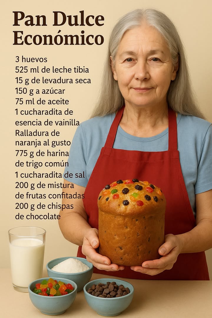 Pan Dulce Económico

Ingredientes:

3 huevos
525 ml de leche tibia
15 g de levadura seca
150 g de azúcar
75 ml de aceite
1 cucharadita de esencia de vainilla
Ralladura de naranja al gusto
775 g de harina de trigo común
1 cucharadita de sal
200 g de mezcla de frutas confitadas
200 g de chispas de chocolate

 北Preparación paso a paso:

1. Activar la levadura:
   En un recipiente coloca la leche tibia no caliente, agrega la levadura seca y 1 cucharada de azúcar. Mezcla y deja reposar por 10 minutos hasta que espume.

2. Batir los huevos con el azúcar:
   En un bowl grande coloca los huevos y el azúcar restante. Bate hasta que la mezcla quede cremosa y un poco espesa.

3. Agregar líquidos y sabor:
   Añade el aceite, la esencia de vainilla y la ralladura de naranja. Mezcla bien hasta integrar todo.

4. Incorporar la levadura activada:
   Vierte la mezcla de levadura ya espumosa en el bowl con los huevos batidos. Remueve suavemente.

5. Formar la masa:
   Añade poco a poco la harina de trigo tamizada junto con la sal. Mezcla hasta formar una masa suave.

6. Amasado:
   Coloca la masa en una superficie enharinada y amasa durante 10 a 12 minutos, hasta que esté elástica y lisa.

7. Primer levado:
   Coloca la masa en un bowl engrasado, cúbrelo con un paño y deja reposar durante 1 a 2 horas, hasta que duplique su tamaño.

8. Agregar frutas y chocolate:
   Una vez levada, amasa suavemente la masa para desgasificar y añade las frutas confitadas y las chispas de chocolate. Mezcla hasta que queden bien distribuidas.

9. Formar los panes:
   Divide la masa en dos partes iguales y colócalas en moldes altos engrasados o forrados con papel manteca.

10. Segundo levado:
    Cubre los moldes y deja reposar nuevamente durante 40-50 minutos hasta que la masa suba casi al borde.

11. Hornear:
    Precalienta el horno a 180 C. Hornea los panes por 35-45 minutos, hasta que estén dorados por encima y al insertar un palillo salga limpio.

12. Enfriar y servir:
    Deja enfriar los panes sobre una rejilla antes de cortar.

 Rinde dos moldes de Pan Dulce.

#recetas #pandulce #fblifestyle