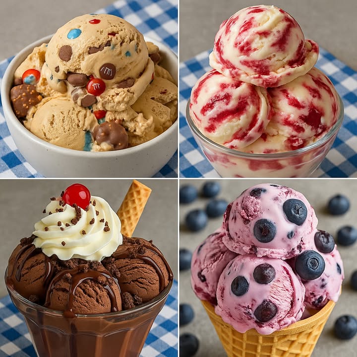 TE ENSEÑO 4 RECETAS DE HELADOS

 Helado de Caramelo con M&Ms y Chocolate

Ingredientes:

2 tazas de crema para batir nata para montar
1 taza de leche condensada
1 cdita de esencia de vainilla
 taza de chips de chocolate
 taza de M&Ms
 taza de bombones de chocolate picados

Preparación:

1. En un bol grande, bate la crema para batir hasta que forme picos suaves.
2. Agrega la leche condensada y la esencia de vainilla, mezcla con movimientos envolventes.
3. Añade los chips de chocolate, M&Ms y bombones, mezclando suavemente.
4. Vierte en un molde, cubre con plástico y congela por al menos 6 horas o toda la noche.
5. Sirve con más M&Ms encima si deseas.

 Helado de Vainilla con Remolino de Fresa

Ingredientes:

2 tazas de crema para batir
1 taza de leche condensada
1 cdita de esencia de vainilla
 taza de mermelada de fresa espesa
 taza de fresas picadas opcional

Preparación:

1. Bate la crema hasta que forme picos suaves.
2. Incorpora la leche condensada y la vainilla con movimientos envolventes.
3. Agrega la mermelada de fresa y, sin mezclar completamente, forma remolinos con una espátula.
4. Añade las fresas picadas si usas.
5. Congela mínimo 6 horas.
6. Sirve y disfruta.

 Helado de Chocolate con Salsa, Galleta y Cereza

Ingredientes:

2 tazas de crema para batir
1 taza de leche condensada
 taza de cacao en polvo sin azúcar
 taza de trozos de brownie o galleta de chocolate
Salsa de chocolate al gusto
Crema chantilly y cereza para decorar
1 barquillo opcional

Preparación:

1. Bate la crema hasta espesar.
2. Agrega leche condensada y cacao en polvo, mezcla bien.
3. Incorpora los trozos de brownie.
4. Vierte en un recipiente y congela por 6 horas.
5. Sirve con salsa de chocolate, crema chantilly, cereza y barquillo.

 𢡄 Helado de Arándanos y Yogur

Ingredientes:

2 tazas de yogur griego natural
1 taza de crema para batir
 taza de azúcar o miel
1 taza de arándanos frescos o congelados
1 cdita de jugo de limón

Preparación:

1. En una licuadora, mezcla los arándanos con el azúcar o miel y el jugo de limón.
2. Bate la crema hasta espesar.
3. Mezcla la crema con el yogur y añade el puré de arándanos puedes dejar algunos enteros.
4. Congela mínimo 6 horas.
5. Sirve en cono o copa.

#recetas #postres #helado #icecream