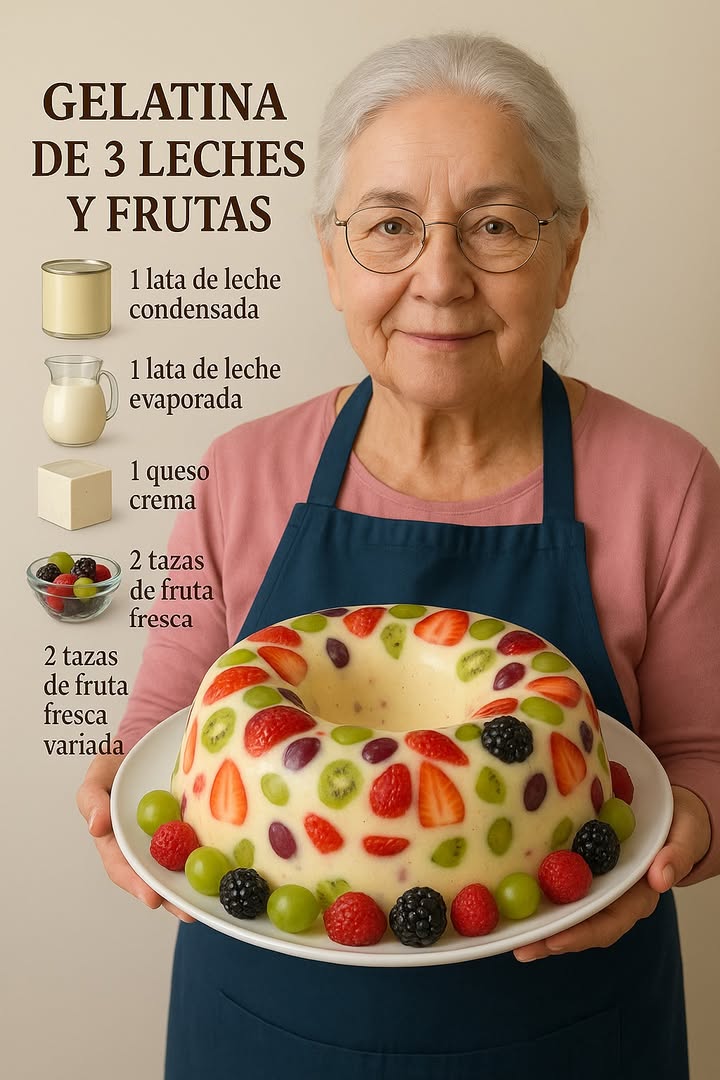 El Truco Infalible para una Gelatina de 3 Leches que Siempre Queda Espectacular

Ingredientes:

1 lata de leche condensada 380 g
1 lata de leche evaporada 360 ml
1 taza de leche entera 240 ml
1 queso crema 190 g
4 sobres de grenetina sin sabor 28 g en total
1/2 taza de agua fría 120 ml para hidratar la grenetina
1 cucharadita de vainilla
Frutas al gusto fresas, kiwi, uvas, zarzamoras, durazno, etc.

 Consejo: Asegúrate de que las frutas estén muy bien escurridas; el exceso de jugo puede hacer que la gelatina se divida.

Instrucciones:

1. Hidrata la grenetina:
   En un recipiente pequeño, combina la grenetina con el agua fría y déjala reposar unos 10 minutos hasta que se esponje.

2. Licúa la base:
   En la licuadora coloca la leche condensada, la leche evaporada, la leche entera, el queso crema y la vainilla. Mezcla hasta obtener una textura cremosa y homogénea.

3. Derrite la grenetina:
   Calienta la grenetina hidratada en el microondas o a baño María hasta que se vuelva completamente líquida.
   Añádela a la licuadora mientras está funcionando para que se integre sin grumos.

4. Prepara el molde:
   Unta ligeramente el molde con un poco de aceite para facilitar el desmolde.

5. Arma la gelatina:
   Vierte una pequeña cantidad de la mezcla en el fondo del molde y refrigera por unos 10 minutos hasta que empiece a tomar consistencia.
   Añade una capa de frutas, cubre con más mezcla y repite el proceso hasta llenar todo el molde, distribuyendo bien las frutas para que luzcan por todos los lados.

6. Refrigera:
   Deja reposar la gelatina al menos 6 horas, o mejor aún, toda la noche para que quede bien firme.

7. Desmolda y sirve:
   Pasa un cuchillo por las orillas o sumerge el molde unos segundos en agua tibia. Luego voltea con cuidado sobre un plato.

 Y ahora sí, a disfrutar esta maravilla cremosa y llena de color! 

#fblifestyle #postres