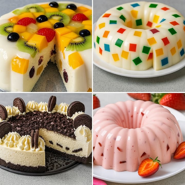 TE ENSEÑO 4 RECETAS DE POSTRES RICAS

1.  Gelatina de Yogur con Frutas Tropicales

Ingredientes:

1 lata de leche condensada 395 g
1 lata de leche evaporada 360 ml
1 taza de yogur natural
1 sobre de gelatina sin sabor 12 g
 taza de agua para hidratar la gelatina
Frutas: kiwi, mango, fresa, arándano, piña frescas o en almíbar

Paso a paso:

1. Hidrata la gelatina sin sabor con  taza de agua y deja reposar 5-10 minutos. Luego derrítela en el microondas por 20-30 segundos.
2. Mezcla la leche condensada, leche evaporada y el yogur en una licuadora.
3. Añade la gelatina derretida y mezcla bien.
4. Vierte un poco en un molde y refrigera 10 minutos para que asiente.
5. Añade las frutas de manera decorativa y vierte el resto de la mezcla encima.
6. Lleva al refrigerador por 4 horas mínimo, o hasta que cuaje completamente.
7. Desmolda y sirve.

 2.  Gelatina de Leche con Cubos de Gelatina de Colores

Ingredientes:

1 sobre de gelatina de fresa
1 sobre de gelatina de limón
1 sobre de gelatina de uva
1 sobre de gelatina de naranja
1 sobre de gelatina sin sabor 12 g
1 lata de leche condensada
1 lata de leche evaporada
 taza de agua

Paso a paso:

1. Prepara cada gelatina de sabor por separado según las instrucciones del paquete. Refrigera hasta que estén firmes y luego corta en cubos.
2. Hidrata la gelatina sin sabor con el agua y derrítela.
3. Mezcla en la licuadora la leche condensada y evaporada. Añade la gelatina sin sabor.
4. Coloca los cubos de gelatina en un molde ligeramente engrasado.
5. Vierte con cuidado la mezcla de leches encima.
6. Lleva al refrigerador por 4 horas o hasta que cuaje.
7. Desmolda y disfruta esta gelatina mosaico.

3.  Gelatina de Fresa con Yogur y Frutas

Ingredientes:

1 sobre de gelatina de fresa
1 taza de yogur de fresa
1 taza de leche evaporada
Fresas picadas al gusto
1 sobre de gelatina sin sabor 12 g
 taza de agua

Paso a paso:

1. Hidrata la gelatina sin sabor con el agua, deja reposar y derrite.
2. Disuelve la gelatina de fresa en 1 taza de agua caliente.
3. Añade el yogur, leche evaporada y la gelatina sin sabor.
4. Mezcla bien y añade fresas picadas.
5. Vierte en un molde y refrigera por 4-6 horas.
6. Desmolda y decora con fresas frescas.

 4.  Cheesecake Frío de Galletas Oreo

Ingredientes:

Base:

200 g de galletas Oreo trituradas
80 g de mantequilla derretida

Relleno:

500 g de queso crema a temperatura ambiente
1 taza de crema para batir nata
100 g de azúcar
1 cucharadita de esencia de vainilla
10 g de gelatina sin sabor
 taza de agua
10 galletas Oreo troceadas

Decoración:

Galletas Oreo enteras
Crema batida
Galletas Oreo trituradas

Paso a paso:

1. Mezcla las galletas trituradas con la mantequilla y presiona en el fondo de un molde. Refrigera 15 minutos.
2. Hidrata la gelatina sin sabor con agua y derrite.
3. Bate el queso crema, azúcar y vainilla hasta cremoso.
4. Añade la crema para batir y bate hasta que espese.
5. Incorpora la gelatina derretida y las galletas troceadas.
6. Vierte la mezcla sobre la base y alisa la superficie.
7. Refrigera 6 horas mínimo.
8. Decora con crema batida, galletas trituradas y Oreo enteras por encima.

#RecetasFáciles #PostresCaseros #recetas #postres
#JelloDesserts