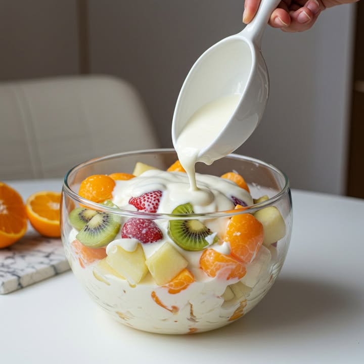 Ensalada de Frutas Cremosa 諾

Ingredientes:
諾 2 kiwis, pelados y en rodajas
 10 fresas, cortadas en mitades
 1 durazno, en cubos
  taza de piña, en cubos
 1 manzana, en cubos
  taza de uvas, cortadas por la mitad
省  taza de mango, en cubos
拏 200 ml de crema de leche
  lata de leche condensada
 Jugo de  limón

Preparación:
1 En un bol grande, mezcla todas las frutas.
2 Exprime el jugo de limón sobre la manzana para evitar que se oxide.
3 Agrega la crema de leche y la leche condensada, mezclando suavemente.
4 Refrigera por al menos 30 minutos para que los sabores se integren.
5 Sirve fría y disfruta esta delicia cremosa.