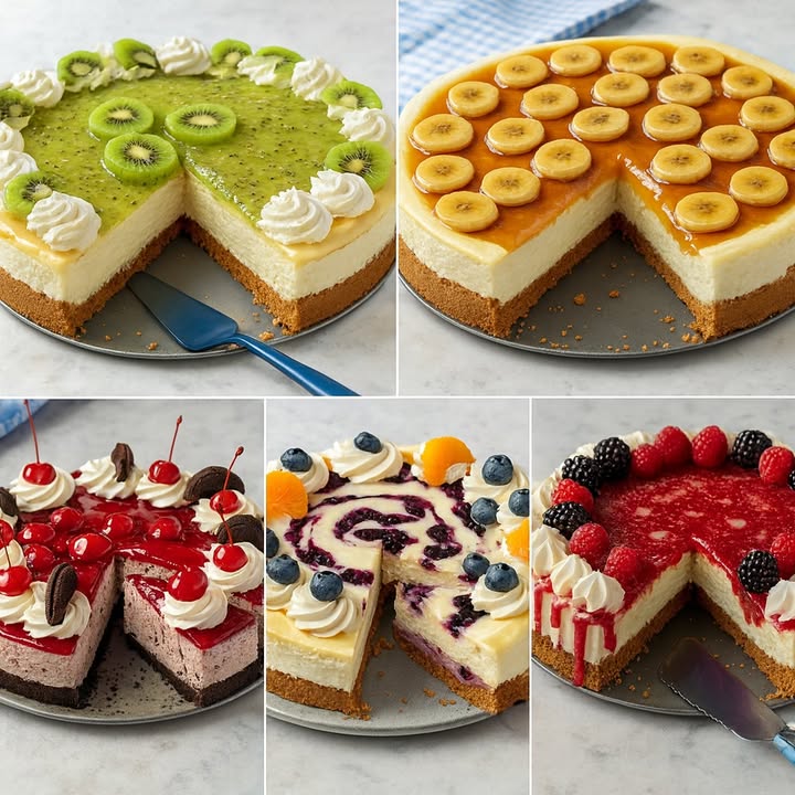 Te enseño 5 postres ricos

  Cheesecake de Kiwi

Ingredientes:

200 g de galletas María trituradas
100 g de mantequilla derretida
600 g de queso crema
200 g de azúcar
200 ml de crema de leche
3 huevos
2 cucharadas de maicena
1 cucharadita de esencia de vainilla
200 g de kiwi en rodajas
150 g de mermelada de kiwi o gelatina neutra con jugo de kiwi

Preparación:

1. Mezcla las galletas trituradas con la mantequilla y presiona en el fondo de un molde desmontable. Refrigera.
2. Bate el queso crema con el azúcar, añade los huevos uno a uno, la crema de leche, la maicena y la vainilla.
3. Vierte sobre la base y hornea a 160 C por 50 minutos al baño maría. Deja enfriar.
4. Cubre con la mermelada o gelatina de kiwi y decora con rodajas de kiwi fresco.
5. Refrigera mínimo 4 horas antes de servir.

 Cheesecake de Banana y Caramelo

Ingredientes:

200 g de galletas tipo Digestive
100 g de mantequilla
500 g de queso crema
200 g de azúcar
200 ml de nata para montar
3 huevos
1 cucharada de harina
1 cucharadita de esencia de vainilla
3 plátanos en rodajas
150 g de dulce de leche o caramelo líquido

Preparación:

1. Prepara la base mezclando galletas y mantequilla. Refrigera.
2. Bate el queso crema con azúcar, agrega huevos, nata, harina y vainilla. Hornea 50 min a 160 C.
3. Deja enfriar y unta con el dulce de leche o caramelo.
4. Coloca las rodajas de plátano encima y refrigera.

  Cheesecake de Cereza y Oreo

Ingredientes:

200 g de galletas Oreo trituradas
100 g de mantequilla
600 g de queso crema
200 g de azúcar
200 ml de crema de leche
3 huevos
1 cucharada de esencia de vainilla
200 g de cerezas en almíbar
150 g de mermelada de cereza

Preparación:

1. Tritura las galletas Oreo y mézclalas con la mantequilla. Presiona en el molde.
2. Mezcla queso crema, azúcar, huevos, crema y vainilla. Hornea a 160 C por 50 min.
3. Deja enfriar, cubre con mermelada de cereza y decora con cerezas enteras y galletas Oreo en trozos.

𢡄 Cheesecake de Arándanos y Mandarina

Ingredientes:

200 g de galletas Digestive
100 g de mantequilla
500 g de queso crema
150 g de azúcar
200 ml de nata
3 huevos
2 cucharadas de mermelada de arándanos
Arándanos frescos y gajos de mandarina para decorar

Preparación:

1. Mezcla galletas y mantequilla, forma la base y refrigera.
2. Bate el queso crema, azúcar, huevos y nata.
3. Vierte en el molde y hornea 50 min a 160 C.
4. Cuando enfríe, añade un remolino de mermelada de arándanos por encima.
5. Decora con arándanos frescos y gajos de mandarina.

 Cheesecake de Frutos Rojos

Ingredientes:

200 g de galletas María
100 g de mantequilla
600 g de queso crema
200 g de azúcar
200 ml de nata
3 huevos
1 cucharadita de esencia de vainilla
200 g de mermelada de frambuesa o fresa
Frutos rojos frescos frambuesas, moras, fresas

Preparación:

1. Prepara la base de galleta con mantequilla y refrigera.
2. Bate el queso crema con azúcar, añade huevos, nata y vainilla. Hornea 50 min a 160 C.
3. Cubre con la mermelada de frutos rojos.
4. Decora con frambuesas, moras y fresas frescas.

#recetas #recetasfaciles #postres
