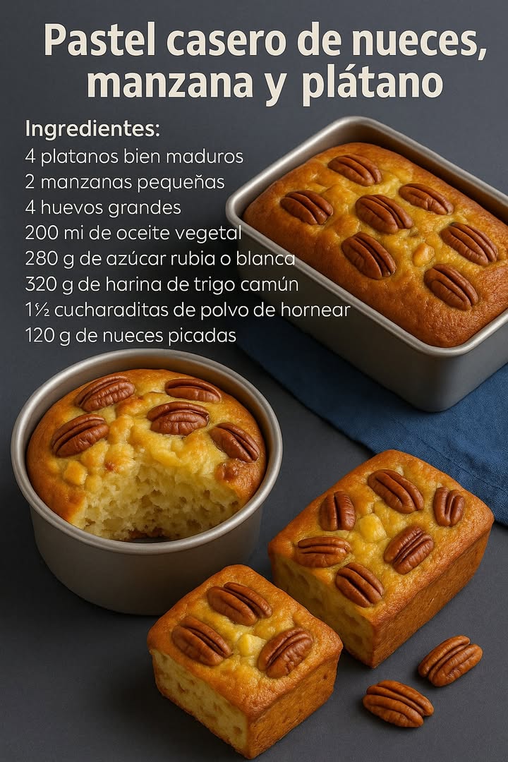 Guárdala, porque esta receta te va a salvar

 Pastel casero de nueces, manzana y plátano 

Quieres un pastel esponjoso, húmedo y lleno de sabor que parece de panadería, pero hecho en casa?
Este pastel de nueces, manzana y plátano es la receta que siempre vas a querer tener a la mano. Fácil, rápido y con un resultado que conquista a todos desde el primer bocado.

Ingredientes:

4 plátanos bien maduros hechos puré
2 manzanas chicas peladas y en cubitos
4 huevos grandes
200 ml de aceite vegetal o 180 g de mantequilla derretida
280 g de azúcar rubia o blanca
320 g de harina de trigo común
1 cucharaditas de polvo para hornear
1 cucharadita de bicarbonato de sodio
1 cucharaditas de canela molida
 cucharadita de sal
120 g de nueces troceadas
1 cucharadita de esencia de vainilla
Nueces enteras para decorar

北 Preparación paso a paso:

1. Prepara el horno: precaliéntalo a 180 C 350 F y engrasa 3 moldes pequeños o uno grande.
2. Mezcla base húmeda: en un bol amplio bate los huevos con el azúcar, añade el aceite y la vainilla. Incorpora el puré de plátano y mezcla hasta integrar.
3. Integra los secos: tamiza harina, polvo de hornear, bicarbonato, canela y sal. Añade poco a poco a la mezcla húmeda con movimientos suaves no sobrebatir.
4. Suma el toque especial: incorpora las manzanas picadas y las nueces troceadas. Mezcla en forma envolvente.
5. Decora y hornea: reparte la mezcla en los moldes, coloca nueces encima y hornea de 35 a 45 minutos según el tamaño. Haz la prueba del palillo: debe salir limpio.
6. Deja reposar 10 minutos en el molde, desmolda con cuidado y enfría sobre una rejilla.

 Tip extra: este pastel mejora de sabor al día siguiente, así que guárdalo bien porque vuela en minutos!

#fblifestyle #LICUADORA #desayuno