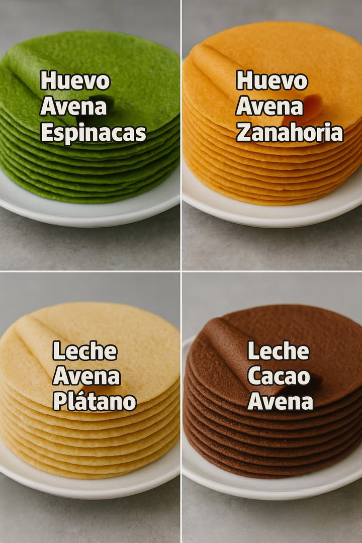 4 Ideas Deliciosas de Crepas Saludables con Avena  Fáciles, Coloridas y Llenas de Energía 

塞 Crepas Verdes de Espinaca y Avena

Ingredientes:

1 taza de espinaca fresca
1 taza de leche puede ser vegetal
2 huevos
 taza de harina de avena
1 cucharadita de aceite de oliva
Una pizca de sal

Preparación:

1. Coloca todos los ingredientes en la licuadora y mezcla hasta lograr una masa verde, lisa y homogénea.
2. Cocina porciones finas en una sartén antiadherente durante 1 minuto por cada lado.
3. Apila las crepas cocidas para mantenerlas suaves y flexibles.

 Ideas para servir:

Versión salada: con queso ricotta o panela y tomates cherry asados. 
Versión desayuno: con aguacate triturado y rodajas de huevo cocido. 陋讀

凌 Crepas Naranja de Zanahoria y Avena

Ingredientes:

1 taza de zanahoria cocida y hecha puré
1 taza de leche vegetal
2 huevos
 taza de harina de avena
 cucharadita de canela opcional
Una pizca de sal

Preparación:

1. Mezcla todo en la licuadora hasta obtener una textura cremosa.
2. Cocina las crepas finas 1 minuto por lado hasta que estén doradas.

 Ideas para servir:

Desayuno dulce: con yogurt natural, miel y rodajas de plátano 
Postre saludable: con puré de manzana y un toque de canela 
Opción salada: con pollo desmenuzado y verduras salteadas 凌

  Crepas de Plátano y Avena Integral

Ingredientes:

1 plátano maduro
1 taza de leche
2 huevos
 taza de avena integral molida
Una pizca de canela y sal

Preparación:

1. Licúa todos los ingredientes hasta obtener una mezcla ligera.
2. Cocina crepas finas durante 1 minuto por lado, hasta que tomen un tono dorado.

 Ideas para servir:

Desayuno: con yogurt griego y fresas 
Merienda energética: con mantequilla de maní y rodajas de plátano 樂

 Crepas de Cacao con Avena

Ingredientes:

1 taza de leche
2 huevos
 taza de harina de avena
1 cucharada de cacao puro sin azúcar
1 cucharadita de miel opcional
Una pizca de sal

Preparación:

1. Mezcla todo en la licuadora hasta eliminar los grumos.
2. Cocina porciones finas durante 1 minuto por lado, hasta obtener un color marrón uniforme.

 Ideas para servir:

Versión postre: con yogurt griego y rodajas de plátano 
Versión desayuno: con queso crema y fresas frescas 

#fblifestyle #crepas #pancakes