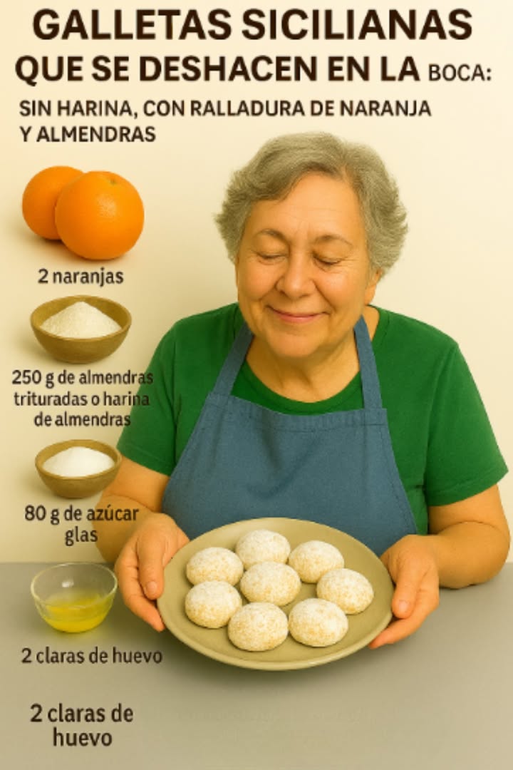 Galletas Sicilianas que se Deshacen en la Boca

Sin harina, con ralladura de naranja y almendras

 Ingredientes:

2 naranjas solo la ralladura
250 g de almendras molidas o harina de almendras
80 g de azúcar glas
2 claras de huevo

 Preparación paso a paso:

1. Preparar los ingredientes:
   Lava bien las naranjas y rállalas cuidadosamente, evitando la parte blanca que puede amargar.

2. Mezclar los secos:
   En un bol grande, mezcla las almendras molidas con el azúcar glas.

3. Agregar la ralladura y las claras:
   Incorpora la ralladura de naranja a los ingredientes secos. Luego añade las claras de huevo poco a poco, mezclando con una espátula hasta formar una masa homogénea. No es necesario batir las claras antes.

4. Formar las galletas:
   Con las manos ligeramente húmedas, forma bolitas del tamaño de una nuez. Pásalas por un poco más de azúcar glas si deseas un acabado más nevado.

5. Hornear:
   Coloca las galletas en una bandeja con papel vegetal y hornea a 170C durante 15-18 minutos, o hasta que estén ligeramente doradas en la base.

6. Enfriar y disfrutar:
   Deja enfriar completamente antes de manipular, ya que son muy delicadas. Se deshacen en la boca con cada bocado.

#Galletas #cookies #Recipe #recipes #facebookpost