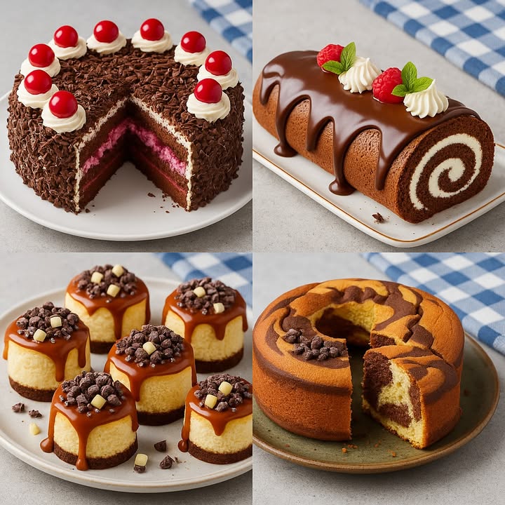 TE ENSEÑO 4 POSTRES RICOS

 1. Pastel Selva Negra Torta Negra con Cerezas

Ingredientes:

4 huevos
120 g de azúcar
100 g de harina de trigo
20 g de cacao en polvo
1 cucharadita de esencia de vainilla
1 cucharadita de polvo de hornear
500 ml de crema para batir nata
2 cucharadas de azúcar glass
300 g de cerezas frescas o en almíbar
50 ml de licor de cereza opcional
Virutas de chocolate para decorar

Modo de preparación:

1. Batir los huevos con el azúcar hasta que estén esponjosos.
2. Tamizar la harina, el cacao y el polvo de hornear e incorporar suavemente.
3. Verter en un molde y hornear a 180C por 25-30 minutos.
4. Enfriar, cortar en 2 capas.
5. Batir la crema con el azúcar glass hasta punto firme.
6. Humedecer los bizcochos con licor, rellenar con crema y cerezas.
7. Cubrir con crema, decorar con virutas de chocolate y cerezas.

 2. Brazo de Chocolate con Crema y Frambuesas

Ingredientes:

4 huevos
100 g de azúcar
80 g de harina de trigo
20 g de cacao en polvo
1 cucharadita de polvo de hornear
200 ml de crema para batir
2 cucharadas de azúcar glass
Frambuesas frescas y hojas de menta
Cobertura de chocolate derretido

Modo de preparación:

1. Batir los huevos con el azúcar hasta que tripliquen su volumen.
2. Incorporar la harina, cacao y polvo de hornear con movimientos envolventes.
3. Extender en una bandeja y hornear 12 minutos a 180C.
4. Enrollar con un paño húmedo para dar forma.
5. Batir la crema con azúcar glass, rellenar el bizcocho y volver a enrollar.
6. Cubrir con chocolate derretido y decorar con crema, frambuesas y menta.

 3. Mini Cheesecakes con Caramelo y Chocolate

Ingredientes:

200 g de galletas de chocolate trituradas
80 g de mantequilla derretida
400 g de queso crema
200 ml de crema de leche
100 g de azúcar
2 huevos
1 cucharadita de esencia de vainilla
Salsa de caramelo
Chispas de chocolate negro y blanco

Modo de preparación:

1. Mezclar las galletas con la mantequilla y forrar moldes pequeños.
2. Batir el queso crema, crema, azúcar, huevos y vainilla.
3. Verter sobre las bases y hornear a 160C por 20-25 minutos.
4. Dejar enfriar y refrigerar al menos 4 horas.
5. Decorar con caramelo y las chispas de chocolate.

  4. Bizcocho Mármol Marmolado

Ingredientes:

4 huevos
200 g de azúcar
200 ml de leche
200 ml de aceite vegetal
300 g de harina de trigo
1 cucharada de cacao en polvo
1 cucharada de esencia de vainilla
1 cucharada de polvo de hornear

Modo de preparación:

1. Batir los huevos con el azúcar hasta que espumen.
2. Añadir leche, aceite y vainilla.
3. Incorporar la harina con el polvo de hornear.
4. Dividir la mezcla en dos partes, a una añadir el cacao.
5. Verter en el molde intercalando las masas para efecto mármol.
6. Hornear a 180C por 35-40 minutos.
7. Enfriar, desmoldar y servir.

#recetas #postres #spainfood #dessert