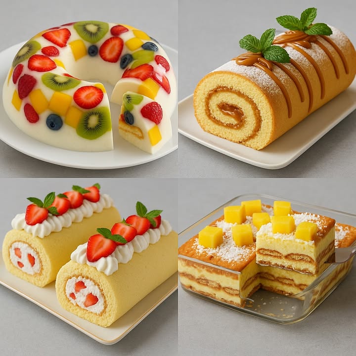 TE ENSEÑO 4 RECETAS DE POSTRES 

 1. Gelatina de Yogur con Frutas

Ingredientes:

2 tazas de yogur natural sin azúcar
1 taza de leche condensada
1 sobre de gelatina sin sabor 12g
1/2 taza de agua para hidratar la gelatina
1 kiwi en rodajas
1/2 taza de fresas en rodajas
1/2 taza de arándanos
1/2 taza de frambuesas
1/2 taza de mango en cubos

Preparación:

1. Hidrata la gelatina sin sabor con el agua y deja reposar 5 minutos. Luego, caliéntala hasta que se disuelva completamente.
2. Mezcla el yogur con la leche condensada y añade la gelatina disuelta.
3. En un molde de rosca, coloca las frutas distribuidas uniformemente.
4. Vierte la mezcla de yogur sobre las frutas.
5. Lleva al refrigerador por al menos 4 horas o hasta que cuaje.
6. Desmolda y sirve bien fría.

2. Brazo de Gitano con Dulce de Leche

Ingredientes:

4 huevos
100 g de azúcar
100 g de harina de trigo
1 cucharadita de esencia de vainilla
1 cucharada de azúcar glas opcional
200 g de dulce de leche
Hojas de menta para decorar

Preparación:

1. Bate los huevos con el azúcar hasta que tripliquen su volumen.
2. Agrega la vainilla y tamiza la harina encima, mezclando suavemente.
3. Vierte la mezcla sobre una bandeja con papel de horno y hornea a 180 C por 12 minutos.
4. Enrolla el bizcocho aún tibio con un paño limpio.
5. Cuando enfríe, desenrolla, unta el dulce de leche y vuelve a enrollar.
6. Decora con dulce de leche, azúcar glas y hojas de menta.

3. Rollo de Fresas con Crema

Ingredientes:

4 huevos
100 g de azúcar
100 g de harina de trigo
200 ml de nata para montar crema para batir
1 cucharada de azúcar glas
1/2 taza de fresas picadas
Fresas y hojas de menta para decorar

Preparación:

1. Bate los huevos con el azúcar hasta obtener una mezcla espumosa.
2. Agrega la harina tamizada y mezcla con movimientos envolventes.
3. Vierte la masa sobre una bandeja con papel y hornea a 180 C por 12 minutos.
4. Enrolla en caliente con un paño, luego desenrolla.
5. Bate la nata con el azúcar glas hasta formar picos firmes y añade las fresas picadas.
6. Rellena, enrolla nuevamente y decora con nata, fresas y menta.

4. Tarta Fría de Piña y Galletas

Ingredientes:

1 lata de piña en trozos guardar el jugo
1 paquete de galletas tipo María
500 ml de crema de leche nata
1 sobre de gelatina de piña o neutra 12g
1/2 taza de coco rallado
3 cucharadas de azúcar
Piña fresca para decorar

Preparación:

1. Bate la crema de leche con el azúcar hasta que espese.
2. Disuelve la gelatina en el jugo de piña caliente.
3. Mezcla la gelatina disuelta con la crema batida.
4. En una fuente de vidrio, coloca capas de galleta, crema y piña troceada.
5. Repite hasta llenar el molde y refrigera por 4 horas.
6. Decora con piña fresca y coco rallado antes de servir.

#PineappleDessert #NoBakeCake #SummerTreats 
#PostresDeliciosos #RecetasFáciles #recetas #postres
#DessertRecipes #SweetTreats