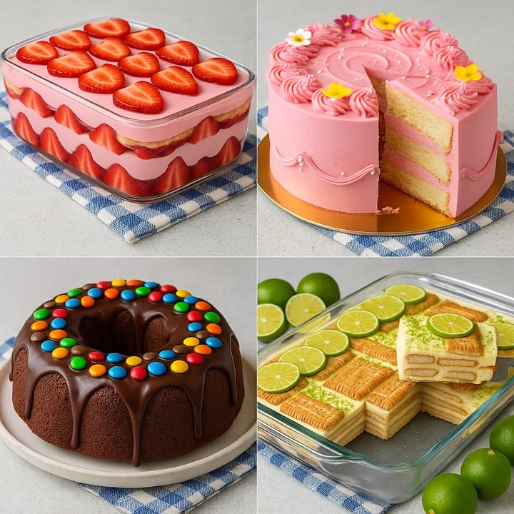 Te dejo 4 recetas de postres

 Postre de Fresas con Crema

Ingredientes:

2 paquetes de galletas tipo soletas o vainillas
500 ml de crema para batir fría
1 lata de leche condensada 395 g
200 g de fresas en rodajas más algunas enteras para decorar
1 sobre de gelatina de fresa disuelta en 100 ml de agua caliente y enfriada

Preparación:

1. Bate la crema hasta que esté espesa y forma picos suaves.
2. Agrega la leche condensada poco a poco y sigue batiendo.
3. Incorpora la gelatina ya fría a la mezcla y bate hasta integrar.
4. En un refractario, coloca una capa de crema, una capa de galletas y fresas en rodajas.
5. Repite las capas hasta llenar el molde.
6. Termina con fresas frescas en la superficie.
7. Refrigera por al menos 3 horas antes de servir.

 Pastel Rosa de Vainilla con Betún de Fresa

Ingredientes:

4 huevos grandes
250 g de azúcar
250 g de harina de trigo
120 ml de leche
100 g de mantequilla derretida
1 cdita de polvo para hornear
1 cdita de esencia de vainilla

Para el betún:

300 g de mantequilla sin sal a temperatura ambiente
300 g de azúcar glass
3 cdas de mermelada de fresa o esencia de fresa
Colorante rosa opcional
Perlitas y flores comestibles para decorar

Preparación:

1. Bate los huevos con el azúcar hasta que dupliquen su volumen.
2. Añade la leche, la mantequilla y la vainilla. Mezcla suavemente.
3. Incorpora la harina con el polvo para hornear, tamizados.
4. Vierte en 2 moldes engrasados y hornea a 180 C por 35-40 min.
5. Deja enfriar los bizcochos y corta en 2 o 3 capas.
6. Para el betún, bate la mantequilla con el azúcar glass hasta cremoso. Añade la mermelada y el colorante.
7. Rellena y cubre el pastel con el betún rosa.
8. Decora con flores comestibles y perlitas.

 Pastel de Chocolate con Dulces de Colores

Ingredientes:

3 huevos
200 g de harina de trigo
200 g de azúcar
100 g de mantequilla
80 g de cacao en polvo
120 ml de leche
1 cdita de polvo para hornear
1 pizca de sal

Cobertura:

200 g de chocolate semiamargo
100 ml de crema para batir
Dulces de colores tipo M&Ms o similares

Preparación:

1. Mezcla la mantequilla derretida con el azúcar y los huevos.
2. Añade la leche y mezcla bien.
3. Incorpora la harina, el cacao, la sal y el polvo para hornear.
4. Vierte en un molde engrasado y hornea a 180 C por 35 min.
5. Derrite el chocolate con la crema hasta obtener una ganache.
6. Vierte la ganache sobre el pastel y deja escurrir por los lados.
7. Decora con los dulces de colores encima.

 Carlota de Limón

Ingredientes:

2 paquetes de galletas Marías
1 lata de leche condensada 395 g
1 lata de leche evaporada 360 ml
200 ml de jugo de limón fresco
Ralladura de 1 limón
Rodajas de limón para decorar

Preparación:

1. Licúa la leche condensada, la evaporada y el jugo de limón hasta espesar.
2. En un refractario, coloca una capa de galletas Marías.
3. Agrega una capa de crema de limón y repite hasta llenar el molde.
4. Termina con galletas y decora con ralladura y rodajas de limón.
5. Refrigera mínimo 3 horas para que tome consistencia.

#fblifestyle  #breakfastfood #SweetTreats