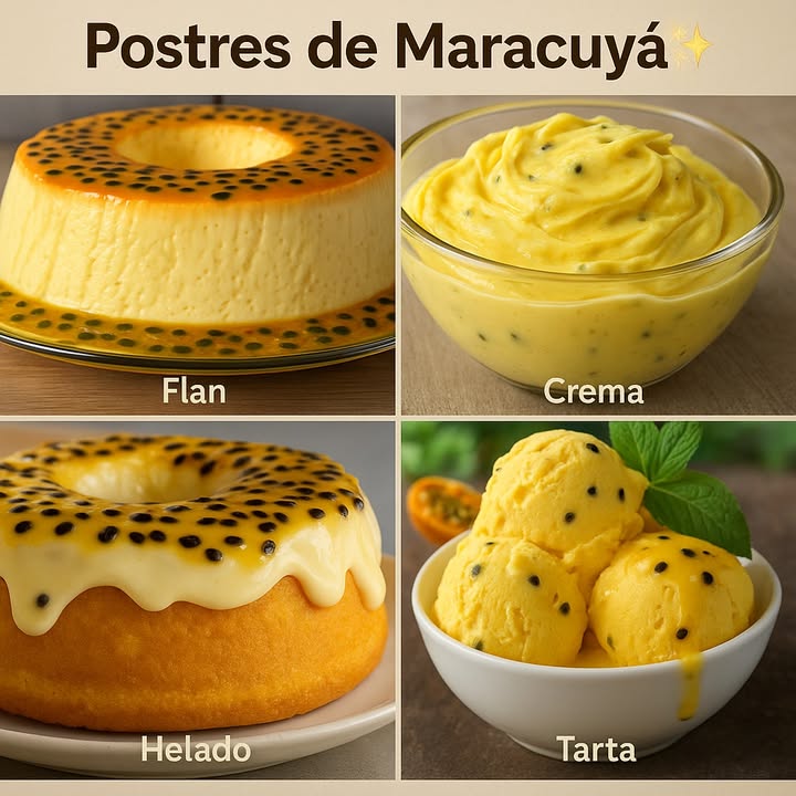 Te enseño 4 recetas de postres

 1. Flan de Maracuyá

Ingredientes:

1 lata de leche condensada
1 lata de crema de leche
250 ml de jugo concentrado de maracuyá
1 sobre de gelatina sin sabor 12 g
5 cdas de agua para hidratar la gelatina

Para la salsa:

Pulpa de 2 maracuyás
 taza de azúcar
 taza de agua

Preparación:

1. Hidratar la gelatina en agua y disolver según el envase.
2. Licuar la leche condensada, la crema de leche, el jugo y la gelatina ya disuelta.
3. Verter en un molde ligeramente engrasado y refrigerar al menos 4 horas.
4. Cocinar la pulpa de maracuyá con azúcar y agua hasta formar un almíbar.
5. Desmoldar el flan y cubrir con la salsa.

 2. Crema Fría de Maracuyá

Ingredientes:

1 lata de leche condensada
1 lata de crema de leche sin suero
1 taza de jugo de maracuyá concentrado
1 sobre de gelatina sin sabor 12 g

Preparación:

1. Disolver la gelatina según el envase.
2. Licuar todos los ingredientes hasta obtener una mezcla homogénea.
3. Colocar en un bol de vidrio y llevar al refrigerador por 3 horas.
4. Servir bien frío.

 3. Helado de Maracuyá

 Ingredientes:

2 cajitas de crema de leche 400 ml
1 lata de leche condensada
1 taza de jugo de maracuyá concentrado
Pulpa de 1 maracuyá opcional, para las semillas

Preparación:

1. Batir la crema de leche hasta que esté un poco aireada.
2. Incorporar la leche condensada y el jugo, mezclando bien.
3. Agregar la pulpa con semillas si se desea.
4. Verter en un recipiente con tapa y congelar 6 horas, revolviendo cada 2 horas para evitar cristales.
5. Servir en bolas

 4. Bizcocho Esponjoso de Maracuyá

 Ingredientes para la masa:

3 huevos
1 taza de aceite
1 taza de jugo concentrado de maracuyá
2 tazas de azúcar
2  tazas de harina de trigo
1 cda de polvo de hornear

 Ingredientes para la cobertura:

1 lata de leche condensada
 taza de jugo de maracuyá
Pulpa de 1 maracuyá

Preparación:

1. Licuar los huevos, el aceite, el jugo y el azúcar.
2. Pasar a un bol, añadir la harina y mezclar. Agregar el polvo de hornear al final.
3. Hornear en molde engrasado a 180 C por 40 minutos.
4. Para la cobertura, mezclar la leche condensada con el jugo hasta obtener una crema.
5. Cubrir el bizcocho frío y decorar con la pulpa fresca.

不 5. Tarta Fría de Maracuyá

Ingredientes para la base:

 200 g de galletas tipo María molidas
100 g de mantequilla derretida

 Ingredientes para el relleno:

1 lata de leche condensada
1 lata de crema de leche
1 taza de jugo de maracuyá concentrado
1 sobre de gelatina sin sabor 12 g

 Ingredientes para la cobertura:

Pulpa de 2 maracuyás
 taza de azúcar
 taza de agua

Preparación:

1. Mezclar las galletas con la mantequilla y forrar el fondo de un molde desmontable. Congelar 15 min.
2. Licuar la leche condensada, la crema y el jugo.
3. Añadir la gelatina ya disuelta y batir de nuevo.
4. Verter sobre la base y refrigerar 4 horas.
5. Cocinar la pulpa con azúcar y agua hasta espesar, luego cubrir la tarta antes de servir.

#recetas #postres #fblifestyle