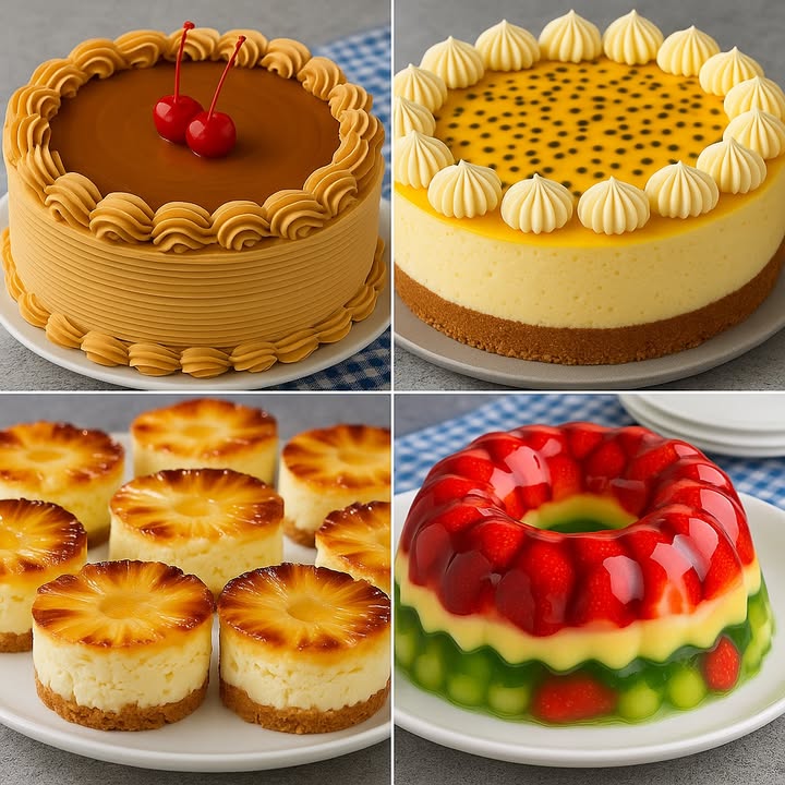 TE ENSEÑO 4 RECETAS DE POSTRES

 1. Tarta de Dulce de Leche con Merengue

Ingredientes:

3 huevos
1 taza de azúcar
1 taza de harina
1 cdta de polvo de hornear
1 cdta de esencia de vainilla
1/2 taza de leche
300 g de dulce de leche
300 ml de crema para batir
Cerezas marrasquino para decorar

Paso a paso:

1. Preparar el bizcocho: Batir los huevos con el azúcar hasta que esté espumoso. Agregar la leche y la esencia de vainilla. Incorporar la harina y el polvo de hornear tamizados.
2. Hornear: Verter la mezcla en un molde enmantecado y hornear a 180C por 30-35 minutos. Dejar enfriar.
3. Montar la crema: Batir la crema hasta punto chantilly.
4. Armar la torta: Cortar el bizcocho en capas, rellenar con dulce de leche y crema. Cubrir todo el pastel con crema.
5. Decorar: Hacer rosetones con crema y colocar cerezas encima.

 2. Cheesecake de Maracuyá Fruta de la Pasión

Ingredientes:

200 g de galletas tipo María
100 g de mantequilla derretida
500 g de queso crema
1 taza de azúcar
200 ml de crema de leche
3 huevos
1/2 taza de pulpa de maracuyá
1 sobre de gelatina sin sabor
Semillas de maracuyá para decorar

Paso a paso:

1. Base: Triturar las galletas y mezclar con mantequilla. Presionar en el fondo de un molde y refrigerar.
2. Relleno: Batir queso crema, azúcar y crema de leche. Agregar los huevos uno por uno y batir hasta integrar. Verter sobre la base.
3. Hornear: Hornear a 160C durante 50-60 minutos. Dejar enfriar completamente.
4. Cobertura: Hidratar la gelatina y mezclar con la pulpa de maracuyá. Verter sobre el cheesecake ya frío.
5. Decorar: Agregar semillas y rosetones de crema al borde.

 3. Mini Cheesecakes de Piña Invertida

Ingredientes:

1 taza de galletas trituradas
60 g de mantequilla derretida
2 tazas de queso crema
1/2 taza de azúcar
2 huevos
1 cda de esencia de vainilla
8 rodajas de piña en almíbar
8 cerezas opcional

Paso a paso:

1. Base: Mezclar galletas con mantequilla. Colocar en moldes individuales.
2. Colocar fruta: Poner una rodaja de piña y una cereza en el centro en el fondo de cada molde.
3. Relleno: Batir queso crema, azúcar, vainilla y huevos. Verter sobre la piña.
4. Hornear: Hornear a 160C por 25-30 minutos. Enfriar y refrigerar por 2 horas.
5. Servir: Desmoldar con cuidado para que la piña quede arriba. Servir fríos.

  4. Gelatina de Capas con Fresas y Uvas

Ingredientes:

1 sobre de gelatina de fresa
1 sobre de gelatina de limón
1 sobre de gelatina de leche sabor vainilla
300 ml de leche condensada
1 taza de fresas frescas
1 taza de uvas verdes

Paso a paso:

1. Primera capa: Preparar la gelatina de fresa según las instrucciones. Verter una capa en el molde con fresas. Refrigerar hasta semi cuajar.
2. Segunda capa: Preparar la gelatina de leche con leche condensada. Verter sobre la capa anterior. Refrigerar.
3. Tercera capa: Preparar la gelatina de limón y agregar las uvas. Verter sobre la mezcla anterior y refrigerar bien.
4. Desmoldar: Pasar el molde por agua tibia para desmoldar fácilmente.
5. Servir: Decorar con más frutas si se desea.

#recetas #postres #spainfood #dessert