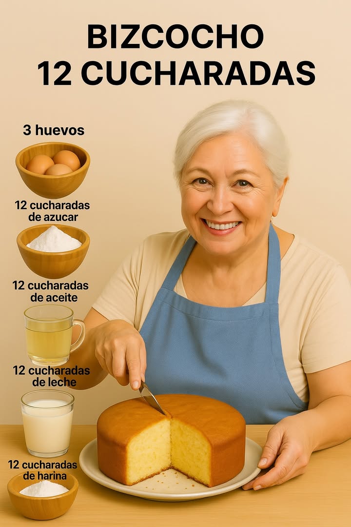 Receta de la Abuela 

Bizcocho de 12 Cucharadas  Receta Tradicional que Siempre Sale Bien

Ingredientes:

3 huevos
12 cucharadas de azúcar
1 pizca de sal
12 cucharadas de aceite
12 cucharadas de leche
Ralladura de 1 limón
Jugo de medio limón
12 cucharadas de harina de trigo común
1 cucharadita de polvo para hornear

Preparación

1. Espumar los huevos
Coloca los 3 huevos en un bol amplio junto con el azúcar y la pizca de sal. Bate con batidora eléctrica unos 4-5 minutos hasta obtener una mezcla clara, aireada y con volumen. Este paso es clave para que el bizcocho quede suave y esponjoso.

2. Incorporar los líquidos
Añade el aceite poco a poco mientras sigues batiendo a velocidad baja. Después vierte la leche, el jugo de medio limón y la ralladura. Mezcla hasta que todo quede bien integrado.

3. Agregar los secos
Tamiza la harina junto con el polvo para hornear. Incorpórala en dos veces a la mezcla anterior, utilizando una espátula o batidor manual y haciendo movimientos envolventes. Así conservarás el aire de la preparación.

4. Preparar el molde
Engrasa y enharina un molde redondo de 2224 cm. Vierte la mezcla y da unos golpecitos suaves sobre la mesa para eliminar posibles burbujas de aire grandes.

5. Hornear a la temperatura justa
Lleva el molde al horno precalentado a 180 C y cocina entre 35 y 40 minutos, o hasta que al pinchar con un palillo, éste salga limpio.

Déjalo reposar unos 10 minutos antes de desmoldar. Finalmente, colócalo sobre una rejilla para que termine de enfriar y disfrútalo con su textura esponjosa y sabor casero irresistible.

Ideal para acompañar el café de la tarde o sorprender con un toque tradicional en cualquier ocasión

#bizcochos #LICUADORA #pastel #queques #tortas #recetascaseras