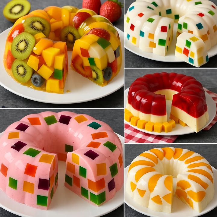 TE ENSEÑO 5 RECETAS DE POSTRES DELICIOSOS

1. Gelatina de Frutas Naturales con Gelatina Transparente

Ingredientes:

1 sobre de gelatina sin sabor 7g
500 ml de agua
3 cucharadas de azúcar
Frutas frescas: kiwi, fresas, arándanos, mango, durazno

Preparación:

1. Hidrata la gelatina sin sabor en 100 ml de agua fría.
2. Calienta el resto del agua 400 ml con el azúcar hasta que se disuelva.
3. Agrega la gelatina hidratada y mezcla bien.
4. Deja enfriar ligeramente.
5. En un molde engrasado, acomoda las frutas al gusto.
6. Vierte la gelatina líquida con cuidado.
7. Refrigera 5-6 horas o hasta que cuaje completamente.
8. Desmolda y sirve fría.

2. Gelatina de Leche con Cubos de Gelatina de Colores

Ingredientes:

1 sobre de gelatina sin sabor
1 taza de leche condensada
1 taza de leche evaporada
1 taza de agua
3 sobres de gelatina de sabores rojo, amarillo, verde

Preparación:

1. Prepara las gelatinas de sabores por separado en recipientes bajos. Refrigera hasta que cuajen.
2. Corta las gelatinas en cubos pequeños.
3. En un bol, mezcla la leche condensada, evaporada y el agua.
4. Hidrata la gelatina sin sabor, caliéntala hasta disolver y mézclala con las leches.
5. Añade los cubos de colores y vierte en un molde engrasado.
6. Refrigera mínimo 4 horas.
7. Desmolda y disfruta.

3. Gelatina de Frambuesa con Flan de Vainilla y Cubos de Mango

Ingredientes:

1 sobre de gelatina de frambuesa
1 sobre de gelatina de vainilla o flan instantáneo
1 taza de cubos de mango
2 tazas de leche
2 tazas de agua

Preparación:

1. Prepara la gelatina de frambuesa con 1 taza de agua caliente y 1 taza fría.
2. Vierte en el molde y refrigera hasta que semi-cuaje.
3. Prepara el flan con la leche según las instrucciones y vierte sobre la gelatina.
4. Agrega cubos de mango en la parte inferior.
5. Refrigera 5 horas, desmolda y sirve.

4. Gelatina Rosa de Yogur con Cubos de Sabores

Ingredientes:

1 sobre de gelatina de fresa
1 taza de yogur natural
1 taza de leche
1 sobre de gelatina sin sabor
3 sabores de gelatina ya cuajadas mango, uva, limón

Preparación:

1. Prepara las gelatinas de colores y córtalas en cubos. Reserva.
2. Hidrata la gelatina sin sabor y caliéntala hasta disolver.
3. Mezcla la gelatina de fresa con leche caliente y deja entibiar.
4. Añade el yogur y la gelatina sin sabor. Mezcla bien.
5. Incorpora los cubos de gelatina y vierte todo en un molde.
6. Refrigera 4-6 horas.
7. Desmolda con cuidado.

5. Gelatina de Leche Condensada con Duraznos

Ingredientes:

1 lata de duraznos en almíbar en cubos
1 lata de leche condensada
1 taza de leche
1 sobre de gelatina sin sabor
Almíbar de los duraznos

Preparación:

1. Hidrata la gelatina sin sabor y disuélvela.
2. Mezcla la leche condensada, leche normal y 1/2 taza del almíbar.
3. Incorpora la gelatina disuelta.
4. Vierte un poco en el molde, refrigera 10 minutos.
5. Añade los duraznos por capas y el resto de la mezcla.
6. Refrigera 4-5 horas.
7. Decora con rodajas de durazno al servir.

#RecetasFáciles ##PostresCaseros #recetas #postres
#JelloDesserts #HomemadeTreats #dessert