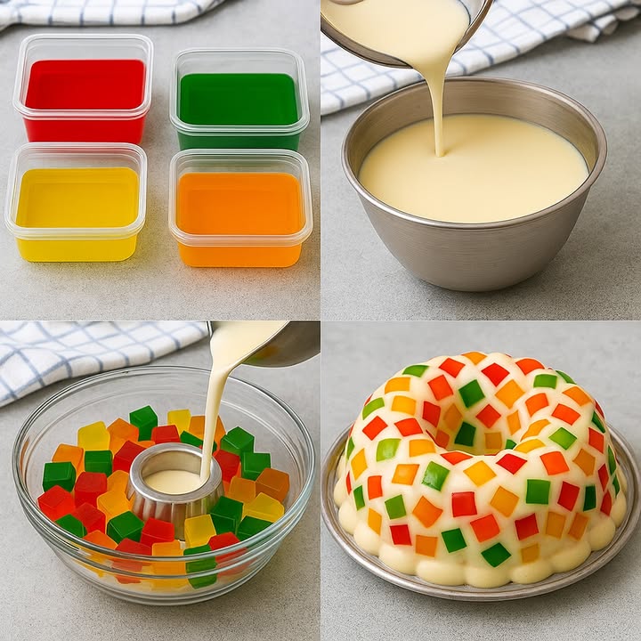 Gelatina Mosaico con Leche

 Ingredientes:

Para las gelatinas de colores:

1 sobre de gelatina sabor fresa frutilla
1 sobre de gelatina sabor limón
1 sobre de gelatina sabor naranja
1 sobre de gelatina sabor piña ananá
4 tazas de agua caliente 1 taza por cada sabor
4 recipientes para enfriar

Para la gelatina de leche:

1 lata 395 g de leche condensada
1 lata 360 ml de leche evaporada
1 taza de leche entera
2 sobres de gelatina sin sabor 14 g en total
 taza de agua para hidratar la gelatina

 Preparación:

Paso 1: Preparar las gelatinas de colores

1. Disuelve cada sobre de gelatina en 1 taza de agua caliente, mezcla bien hasta disolver.
2. Vierte cada sabor en un recipiente separado y refrigera por al menos 3 horas hasta que cuaje completamente.
3. Una vez firmes, corta las gelatinas en cubos pequeños.

Paso 2: Preparar la gelatina de leche

1. Hidrata la gelatina sin sabor en  taza de agua y deja reposar 5 minutos.
2. Calienta suavemente a baño maría o en el microondas 15 segundos hasta que se disuelva.
3. En un bowl grande, mezcla la leche condensada, la leche evaporada y la leche entera.
4. Agrega la gelatina disuelta y mezcla bien.

Paso 3: Integrar todo

1. Coloca los cubos de gelatina de colores en un molde para gelatina ligeramente engrasado si no es de silicona.
2. Vierte la mezcla de leche cuidadosamente sobre los cubos.
3. Lleva al refrigerador y deja enfriar mínimo 4 horas, preferiblemente toda la noche.

Paso 4: Desmoldar y disfrutar

1. Para desmoldar fácilmente, sumerge el molde en agua tibia durante unos segundos.
2. Voltea sobre un plato y sirve frío. Listo!

#recetas #postres #usafood #gelatina