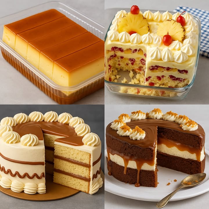 Flan casero tradicional cortado en barras

Ingredientes:

1 lata de leche condensada 395 g
1 lata de leche evaporada o leche entera: 300 ml
4 huevos
1 cucharadita de esencia de vainilla
1 taza de azúcar para el caramelo

Preparación:

1. En una sartén, derrite el azúcar a fuego medio hasta formar un caramelo dorado. Vierte en un molde rectangular.
2. En la licuadora, mezcla la leche condensada, la leche evaporada, los huevos y la vainilla.
3. Vierte la mezcla sobre el caramelo ya endurecido.
4. Cubre con papel aluminio y hornea a baño maría a 180 C durante 60 minutos.
5. Deja enfriar completamente, desmolda y corta en barras rectangulares.

 Postre frío de piña con bizcocho y crema estilo trifle tropical

Ingredientes:

1 bizcocho troceado o sobras de pastel
1 lata de piña en rodajas con su jugo
1 lata de coctel de frutas
1 paquete de gelatina de piña disuelto y frío
1 sobre de crema pastelera o pudín de vainilla preparado
200 ml de crema batida o chantilly
Cerezas para decorar

Preparación:

1. En un molde de vidrio, coloca una capa de bizcocho desmenuzado.
2. Añade una capa de frutas picadas con un poco de jugo.
3. Vierte la gelatina fría por encima y deja reposar unos minutos.
4. Agrega la crema pastelera encima y nivela.
5. Decora con crema batida, rodajas de piña y cerezas.
6. Lleva a la nevera por al menos 4 horas antes de servir.

  Pastel de vainilla con relleno de dulce de leche

Ingredientes:
Para el bizcocho:

4 huevos
1 taza de azúcar 200 g
1/2 taza de aceite vegetal 120 ml
1 taza de leche 240 ml
2 tazas de harina de trigo 240 g
1 cucharada de polvo de hornear 10 g

Para el relleno y cobertura:

400 g de dulce de leche
300 ml de crema batida chantilly

Preparación:

1. Bate los huevos con el azúcar hasta que espumen.
2. Agrega el aceite y la leche. Mezcla.
3. Incorpora la harina y el polvo de hornear.
4. Hornea en un molde redondo a 180 C por 3540 minutos.
5. Corta en tres capas, rellena con dulce de leche y decora con crema batida.
6. Refrigera antes de servir.

 Pastel de chocolate con caramelo y crema

Ingredientes:
Para el bizcocho:

3 huevos
1 taza de azúcar
1/2 taza de aceite
3/4 taza de leche
1 taza de harina de trigo
1/2 taza de cacao en polvo
1 cucharada de polvo de hornear

Para el relleno:

1 taza de crema chantilly
1 taza de dulce de leche o caramelo espeso

Cobertura:

200 g de chocolate
1/2 taza de crema de leche
Migas de galleta para decorar

Preparación:

1. Bate los huevos con el azúcar. Agrega el aceite y la leche.
2. Incorpora la harina, el cacao y el polvo de hornear. Hornea a 180 C por 35 minutos.
3. Corta en dos capas, rellena con chantilly y caramelo.
4. Cubre con ganache de chocolate chocolate  crema caliente.
5. Decora con crema y migas de galleta. Refrigera y sirve.

#recetas #postres #pudding #cake