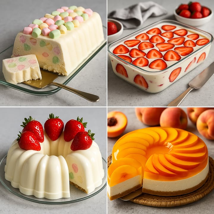 TE ENSEÑO 4 RECETAS DE POSTRES

  Postre Helado con Malvaviscos de Colores

Ingredientes:

1 lata de leche condensada
1 taza de crema de leche
1 cucharadita de esencia de vainilla
2 tazas de malvaviscos de colores mini
1 taza de galletas trituradas tipo María
3 cucharadas de mantequilla derretida

Paso a paso:

1. Mezcla las galletas trituradas con la mantequilla y presiona en el fondo de un molde rectangular.
2. En un bol, mezcla la leche condensada, la crema de leche y la vainilla.
3. Agrega los malvaviscos y mezcla suavemente.
4. Vierte sobre la base de galletas y lleva al congelador por al menos 6 horas.
5. Desmolda y decora con más malvaviscos encima.

 Postre Frío de Fresas con Crema

Ingredientes:

2 tazas de fresas frescas, en mitades
1 lata de leche condensada
1 taza de crema de leche
1 taza de yogur natural
1 paquete de galletas tipo María

Paso a paso:

1. En un bol, mezcla la leche condensada, la crema y el yogur.
2. En una fuente de vidrio, alterna capas de galletas, mezcla cremosa y fresas.
3. Termina con una capa de crema y decora con rodajas de fresas.
4. Lleva a la nevera por al menos 4 horas antes de servir.

 Gelatina de Leche con Fresas Enteras

Ingredientes:

2 sobres de gelatina sin sabor 14 g
500 ml de leche
1 taza de crema de leche
1 lata de leche condensada
1 cucharadita de vainilla
Fresas frescas enteras

Paso a paso:

1. Hidrata la gelatina con 1/2 taza de agua fría.
2. Calienta la leche, añade la crema, leche condensada y vainilla.
3. Incorpora la gelatina disuelta y mezcla bien.
4. Vierte la mezcla en un molde y agrega las fresas.
5. Refrigera por 5 horas o hasta que cuaje.

 Cheesecake Frío de Durazno con Gelatina

Ingredientes:

200 g de galletas trituradas
80 g de mantequilla derretida
300 g de queso crema
1 taza de crema de leche
1 lata de duraznos en almíbar
1 sobre de gelatina de durazno
1/2 taza del almíbar de los duraznos

Paso a paso:

1. Mezcla las galletas con mantequilla y presiona en un molde desmontable.
2. Bate el queso crema con la crema de leche.
3. Hidrata la gelatina en el almíbar caliente y agrégala a la mezcla.
4. Vierte sobre la base de galletas y lleva al refrigerador por 4 horas.
5. Decora con rodajas de durazno en la parte superior.

#postres  #recetas #usafood #USARecipes #dessert #recipes