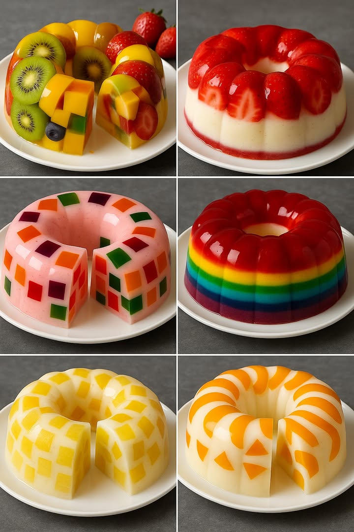 TE ENSEÑO 6 RECETAS DE POSTRES DELICIOSOS

 1. Gelatina con Frutas Naturales Kiwi, Fresa, Mango y Arándanos

Ingredientes:

2 sobres de gelatina sin sabor 24 g
500 ml de jugo de piña o mango
1 taza de fresas, kiwis, mangos y arándanos en rodajas
2 cucharadas de azúcar opcional

Paso a paso:

1. Hidrata la gelatina sin sabor en 100 ml de agua fría.
2. Calienta el jugo con azúcar hasta que esté tibio, luego agrega la gelatina hidratada.
3. En un molde, acomoda las frutas de forma decorativa y vierte la mezcla de gelatina.
4. Refrigera al menos 4 horas antes de desmoldar.

 2. Gelatina de Fresa con Leche Condensada

Ingredientes:

1 sobre de gelatina de fresa sabor
1 lata de leche condensada
200 ml de leche
300 ml de agua
Fresas frescas partidas por la mitad

Paso a paso:

1. Hidrata la gelatina de fresa en 300 ml de agua caliente.
2. Añade la leche condensada y la leche normal, mezcla bien.
3. Vierte un poco de mezcla en el molde y acomoda las fresas.
4. Llena el molde con el resto de gelatina y refrigera por 4 horas.

 3. Gelatina de Mosaico Rosa

Ingredientes:

 3 gelatinas de sabores diferentes uvas, fresa, mango
 1 lata de leche condensada
 1 lata de leche evaporada
 1 sobre de gelatina sin sabor 12 g
 100 ml de agua

Paso a paso:

1. Prepara cada gelatina de sabor en recipientes separados. Refrigera y corta en cubos.
2. Mezcla la leche condensada con la evaporada.
3. Hidrata la gelatina sin sabor y disuélvela en agua caliente, agrégala a la mezcla de leches.
4. Coloca los cubos de gelatina en el molde y vierte la mezcla.
5. Refrigera mínimo 4 horas.

  4. Gelatina Arcoíris

Ingredientes:

6 gelatinas de colores rojo, naranja, amarillo, verde, azul, morado
Leche condensada para capas blancas, opcional

Paso a paso:

1. Prepara la primera gelatina con la mitad del agua recomendada. Vierte una capa y refrigera hasta cuajar.
2. Repite con cada color, dejando que cada capa enfríe antes de añadir la siguiente.
3. Para intercalar capas blancas, mezcla leche condensada con gelatina sin sabor y vierte entre colores.
4. Refrigera bien antes de servir.

 5. Gelatina de Piña en Cubos

Ingredientes:

1 lata de piña en cubos en su jugo
1 lata de leche condensada
1 lata de leche evaporada
1 sobre de gelatina sin sabor
100 ml de agua

Paso a paso:

1. Hidrata la gelatina sin sabor en 100 ml de agua fría.
2. Mezcla la leche condensada, evaporada y el jugo de piña.
3. Añade la gelatina hidratada disuelta y los cubos de piña.
4. Vierte todo en el molde y refrigera 4-6 horas.

李 6. Gelatina con Figuras de Durazno

Ingredientes:

1 lata de duraznos en almíbar, cortados en formas geométricas
1 lata de leche condensada
1 taza de crema de leche
1 sobre de gelatina sin sabor
100 ml de agua

Paso a paso:

1. Hidrata y disuelve la gelatina sin sabor.
2. Mezcla la leche condensada con la crema de leche.
3. Incorpora la gelatina disuelta y mezcla.
4. En el molde, coloca los trozos de durazno de forma decorativa y vierte la mezcla.
5. Lleva al refrigerador por mínimo 4 horas.

#RecetasFáciles ##PostresCaseros #recetas #postres
#JelloDesserts #HomemadeTreats #dessert