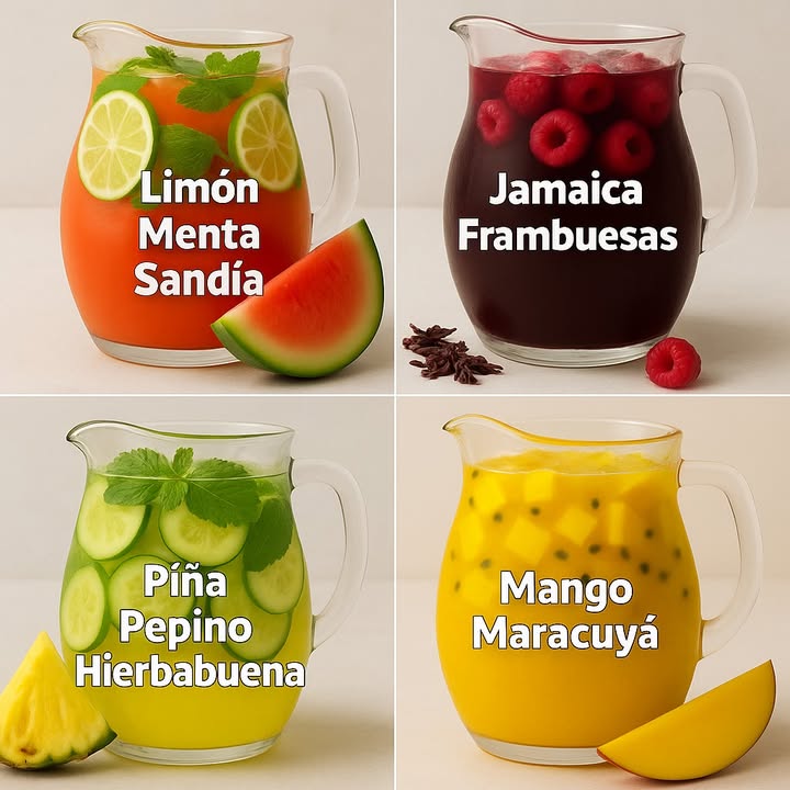 便 Opciones refrescantes de Aguas Naturales 

 Refresco de Sandía con Limón y Menta

Ingredientes para 1 litro:

3 tazas de sandía en trozos sin semillas.
1 litro de agua fría.
3 rodajas de limón más el jugo de 1 limón.
6 hojas de menta fresca.
Endulzante al gusto miel, stevia o azúcar morena.

Preparación:

1. Licuar la sandía con 2 tazas de agua hasta obtener un jugo suave.
2. Colar si prefieres y verter en una jarra con el resto del agua.
3. Incorporar el jugo de limón, las rodajas y unos cubitos de sandía junto con la menta.
4. Servir bien frío con hielo.

 Infusión de Jamaica con Frambuesas

Ingredientes para 1 litro:

 taza de flores de jamaica secas.
1 litro de agua.
 taza de frambuesas frescas.
Endulzante natural al gusto.

Preparación:

1. Hervir 2 tazas de agua, añadir la jamaica y dejar reposar 10 minutos.
2. Colar el concentrado y mezclar con el resto del agua fría.
3. Endulzar suavemente.
4. Incorporar las frambuesas enteras en la jarra.

  Agua fresca de Piña con Pepino y Hierbabuena

Ingredientes para 1 litro:

2 tazas de piña natural en cubos.
 pepino en rodajas finas.
6 hojas de hierbabuena fresca.
1 litro de agua fría.
Endulzante natural opcional.

Preparación:

1. Licuar la mitad de la piña con 2 tazas de agua.
2. Colar y combinar con el resto del agua en la jarra.
3. Agregar los cubos de piña, el pepino y la hierbabuena.
4. Servir fría con bastante hielo.

省 Bebida de Mango con Maracuyá

Ingredientes para 1 litro:

2 mangos maduros pelados y en cubos.
1 litro de agua fría.
2 maracuyás pulpa y semillas.
Endulzante natural al gusto opcional.

Preparación:

1. Licuar el mango con 2 tazas de agua hasta obtener un jugo ligero.
2. Verter en una jarra y añadir el resto del agua.
3. Incorporar la pulpa con semillas de maracuyá.
4. Servir bien frío con hielo.

#fblifestyle #healthyfood
